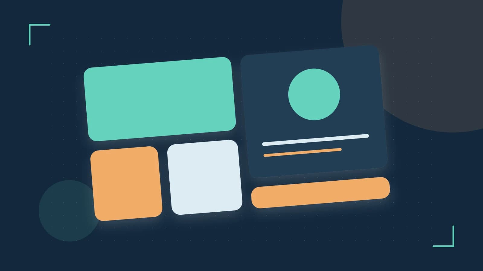 Editorial illustration of responsive browser layouts, overlapping design components and a color system