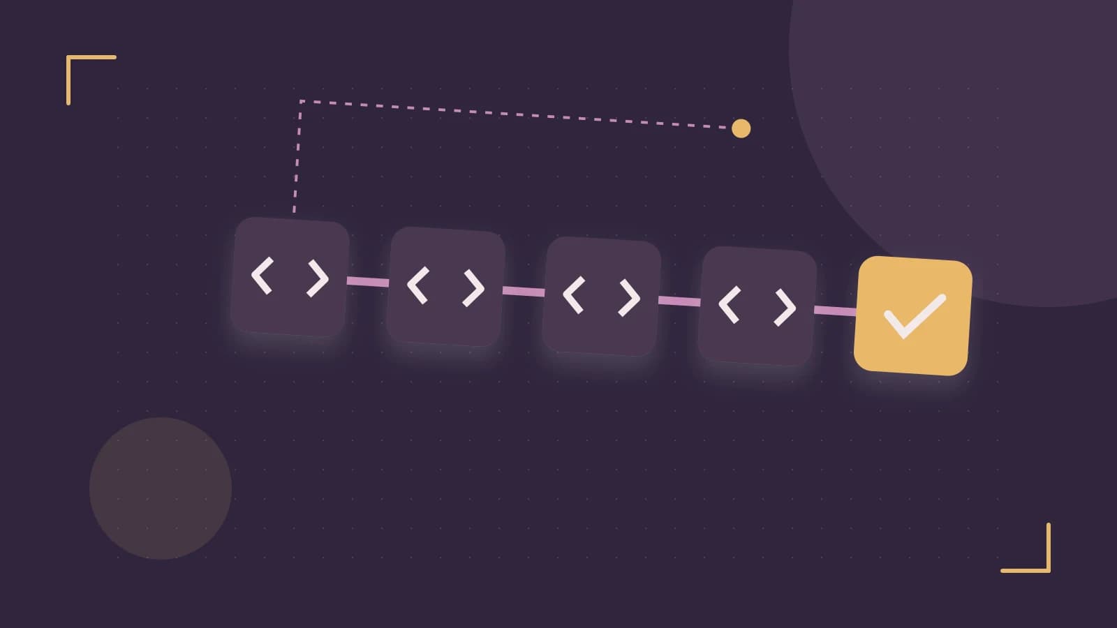Editorial illustration of a branching build pipeline, staged transformations and a completed check