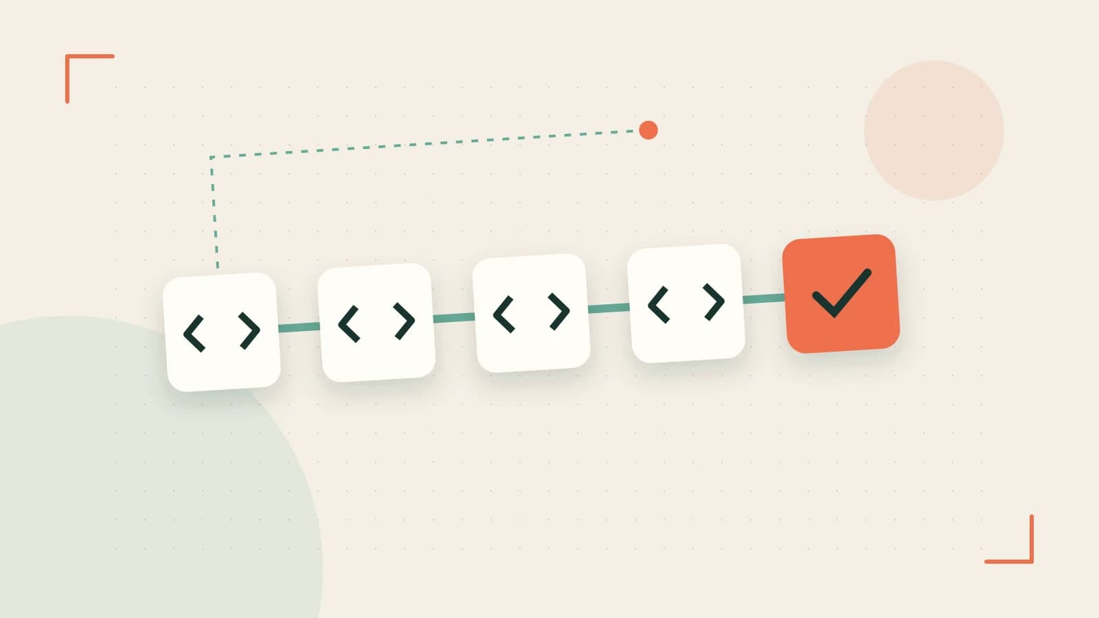 Editorial illustration of a branching build pipeline, staged transformations and a completed check