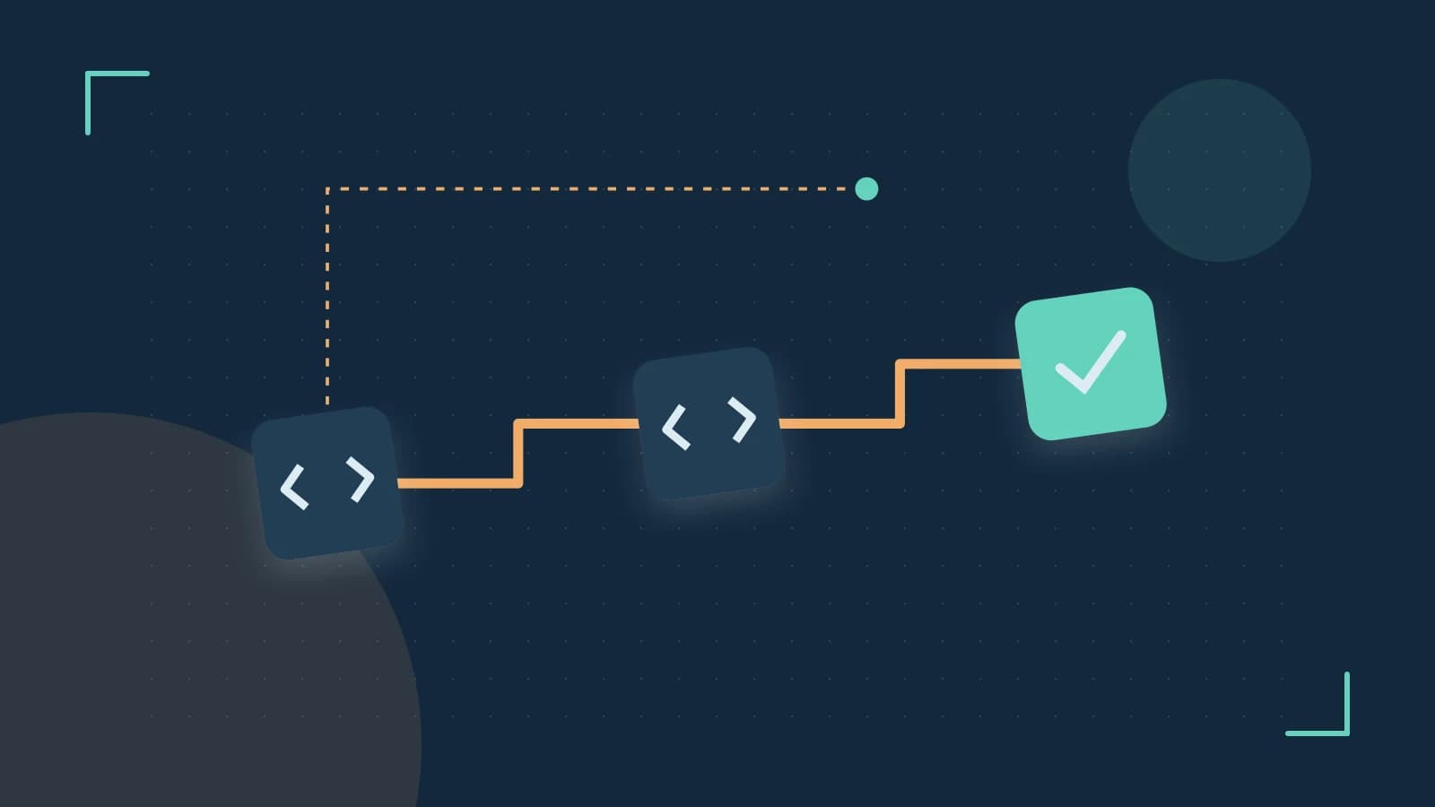 Editorial illustration of a branching build pipeline, staged transformations and a completed check