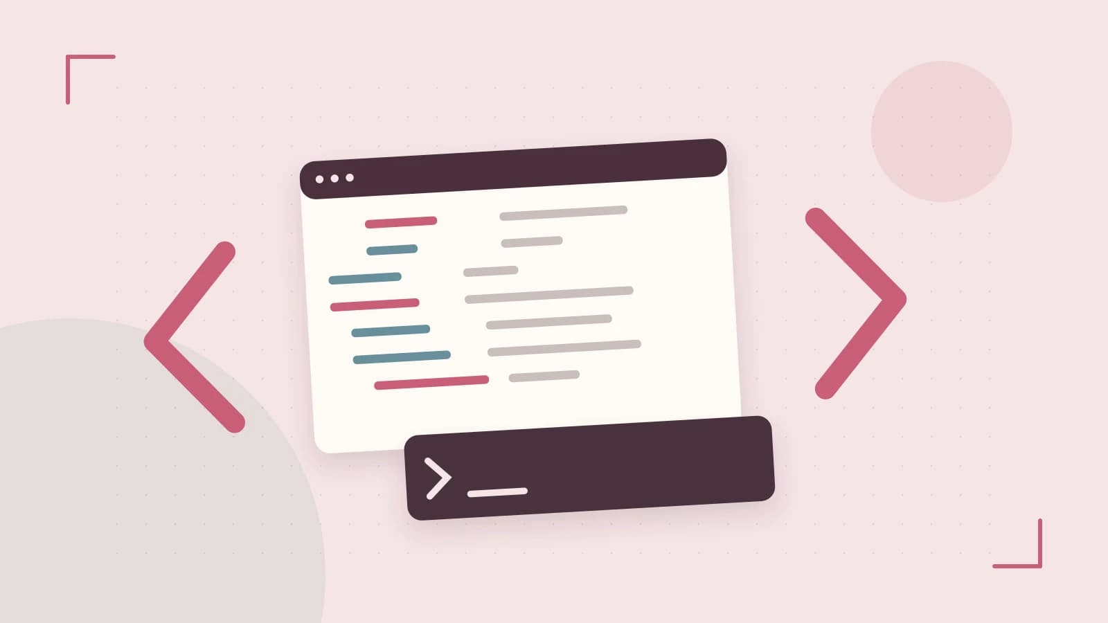 Editorial illustration of an abstract code editor, syntax blocks and oversized programming brackets