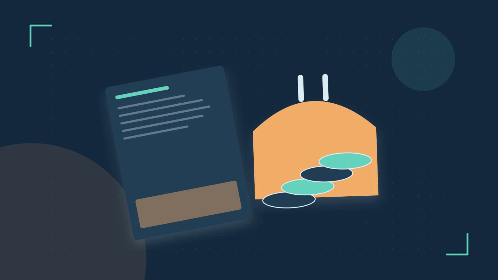 Editorial illustration of abstract coins, a payment card and a geometric financial chart without data labels