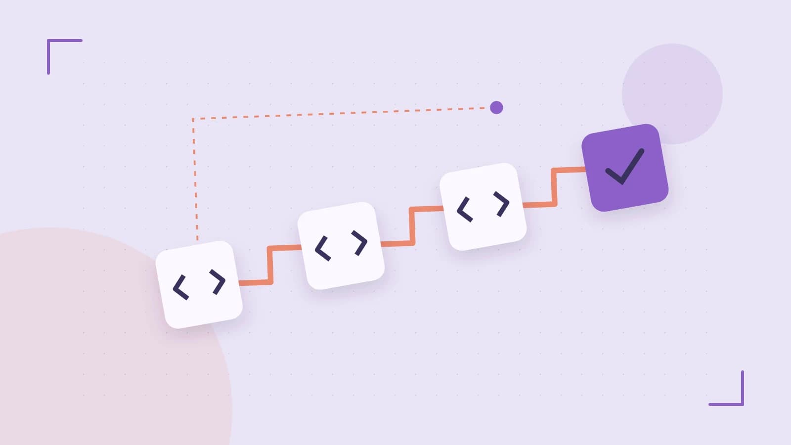 Editorial illustration of a branching build pipeline, staged transformations and a completed check