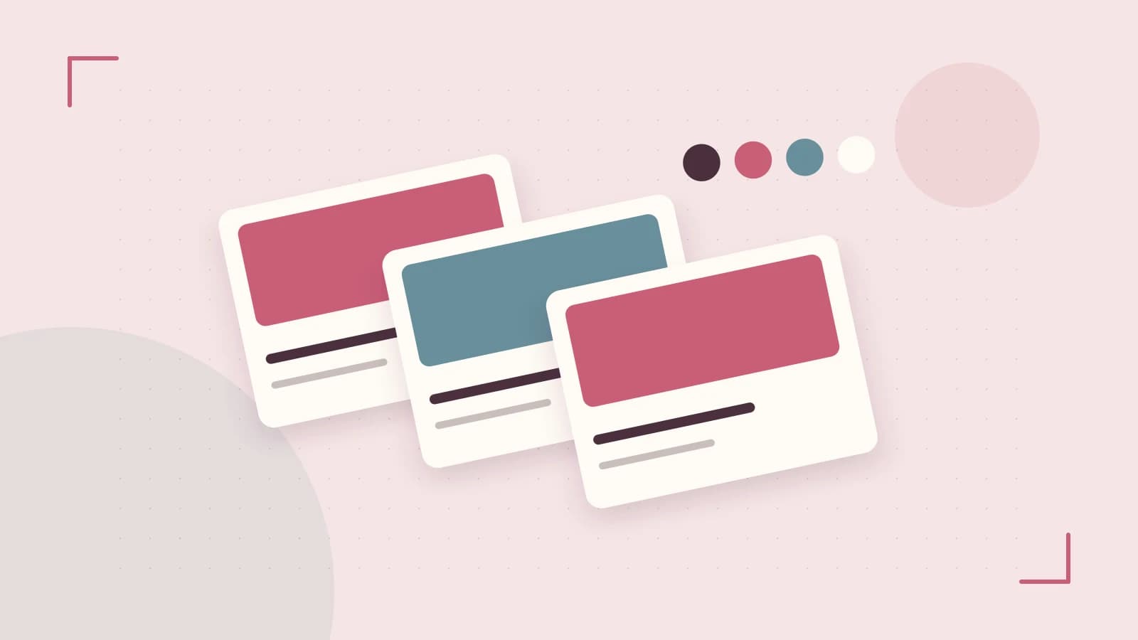 Editorial illustration of responsive browser layouts, overlapping design components and a color system