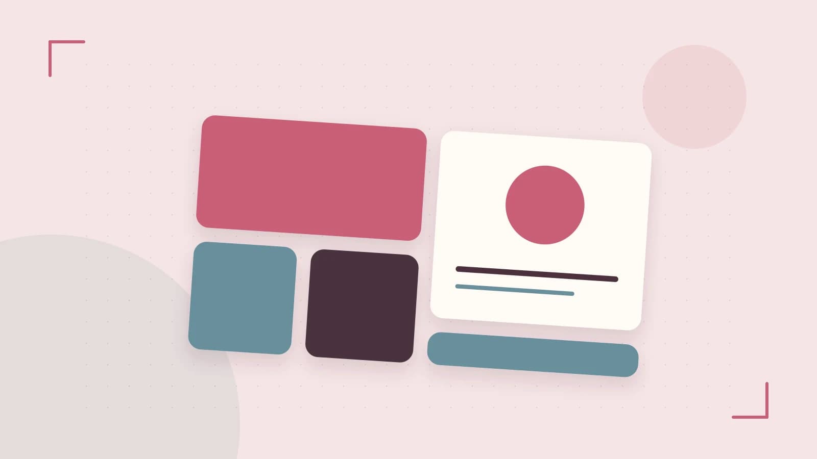 Editorial illustration of responsive browser layouts, overlapping design components and a color system