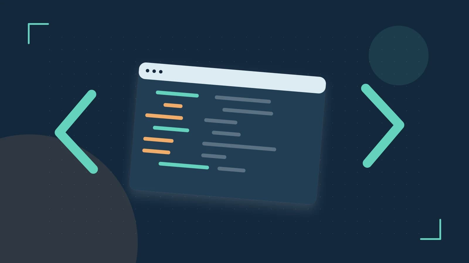 Editorial illustration of an abstract code editor, syntax blocks and oversized programming brackets