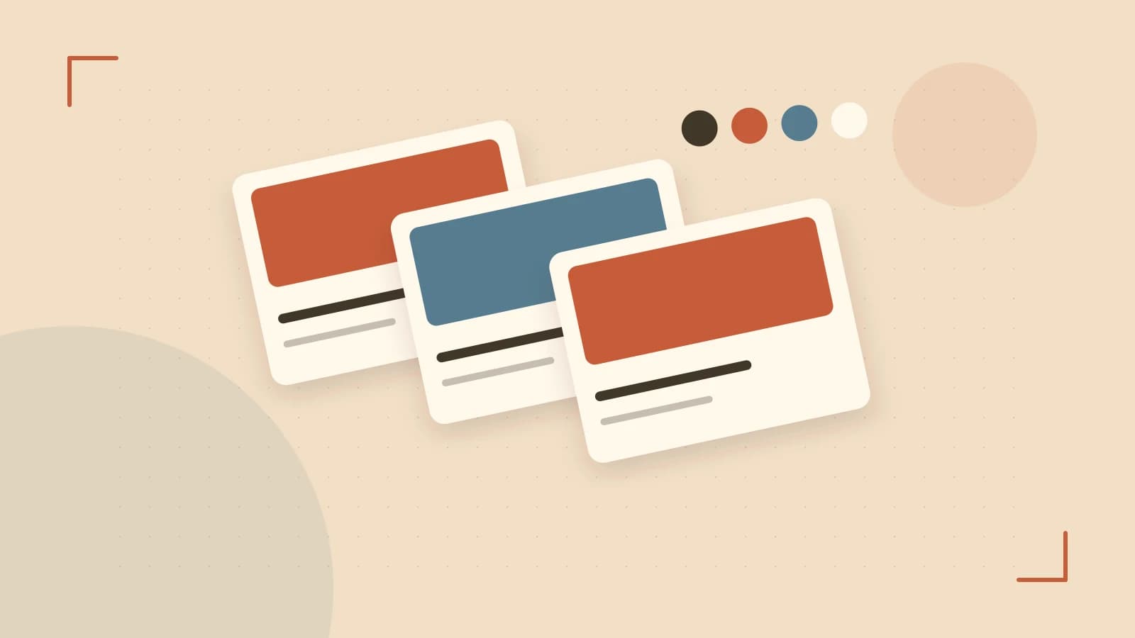 Editorial illustration of responsive browser layouts, overlapping design components and a color system