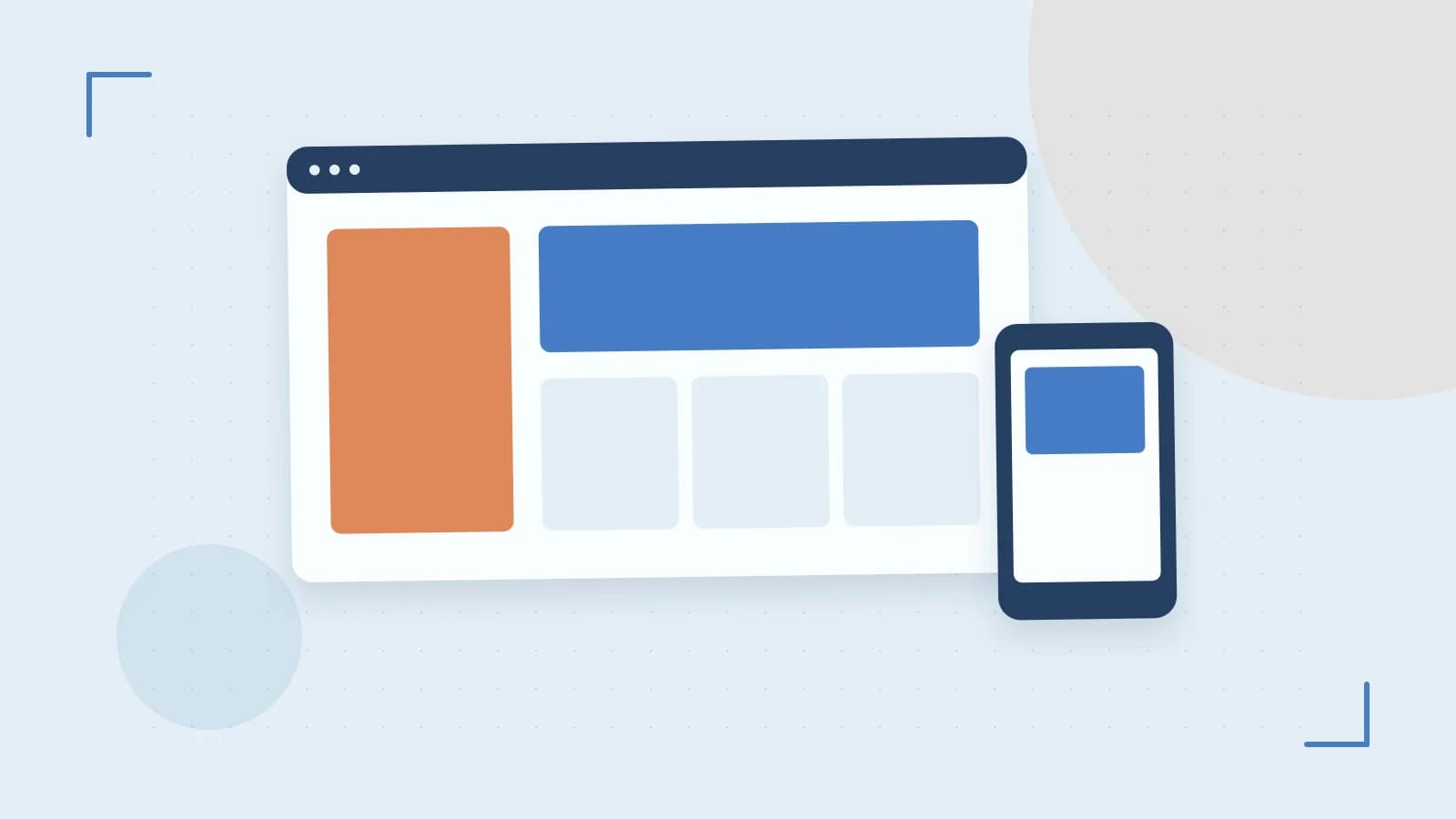 Editorial illustration of responsive browser layouts, overlapping design components and a color system