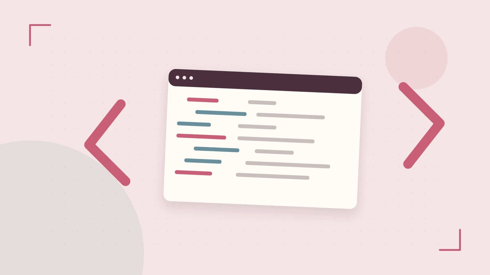 Editorial illustration of an abstract code editor, syntax blocks and oversized programming brackets