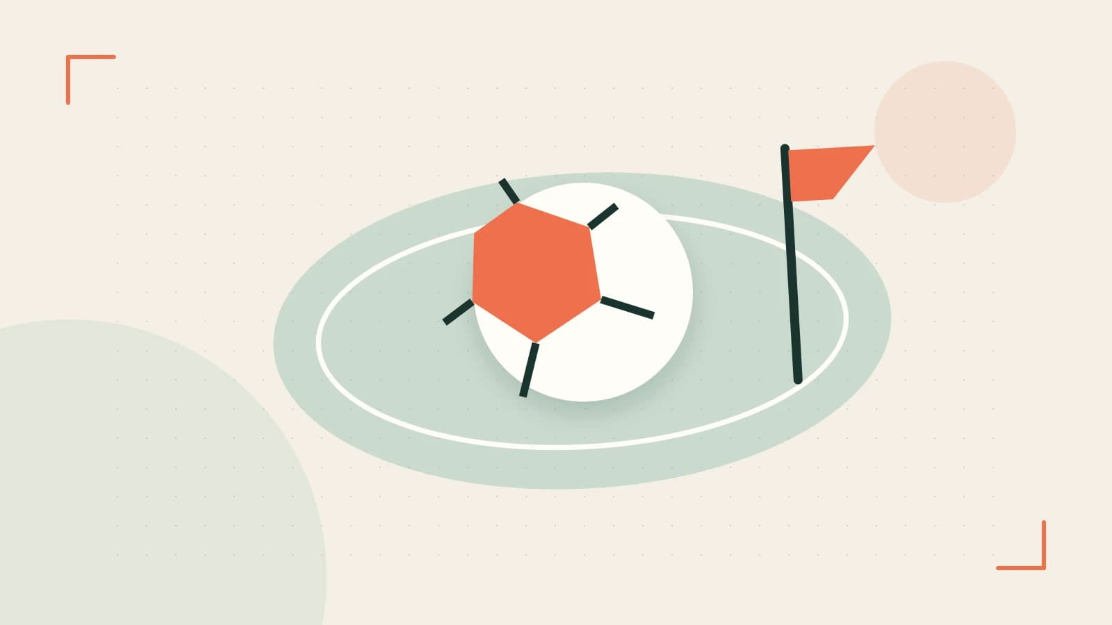 Editorial illustration of a stylized sports ball, stadium geometry and dynamic arcs