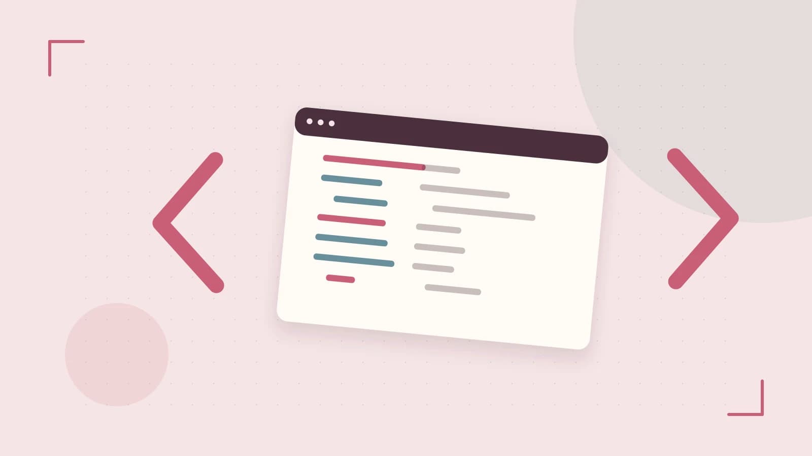 Editorial illustration of an abstract code editor, syntax blocks and oversized programming brackets