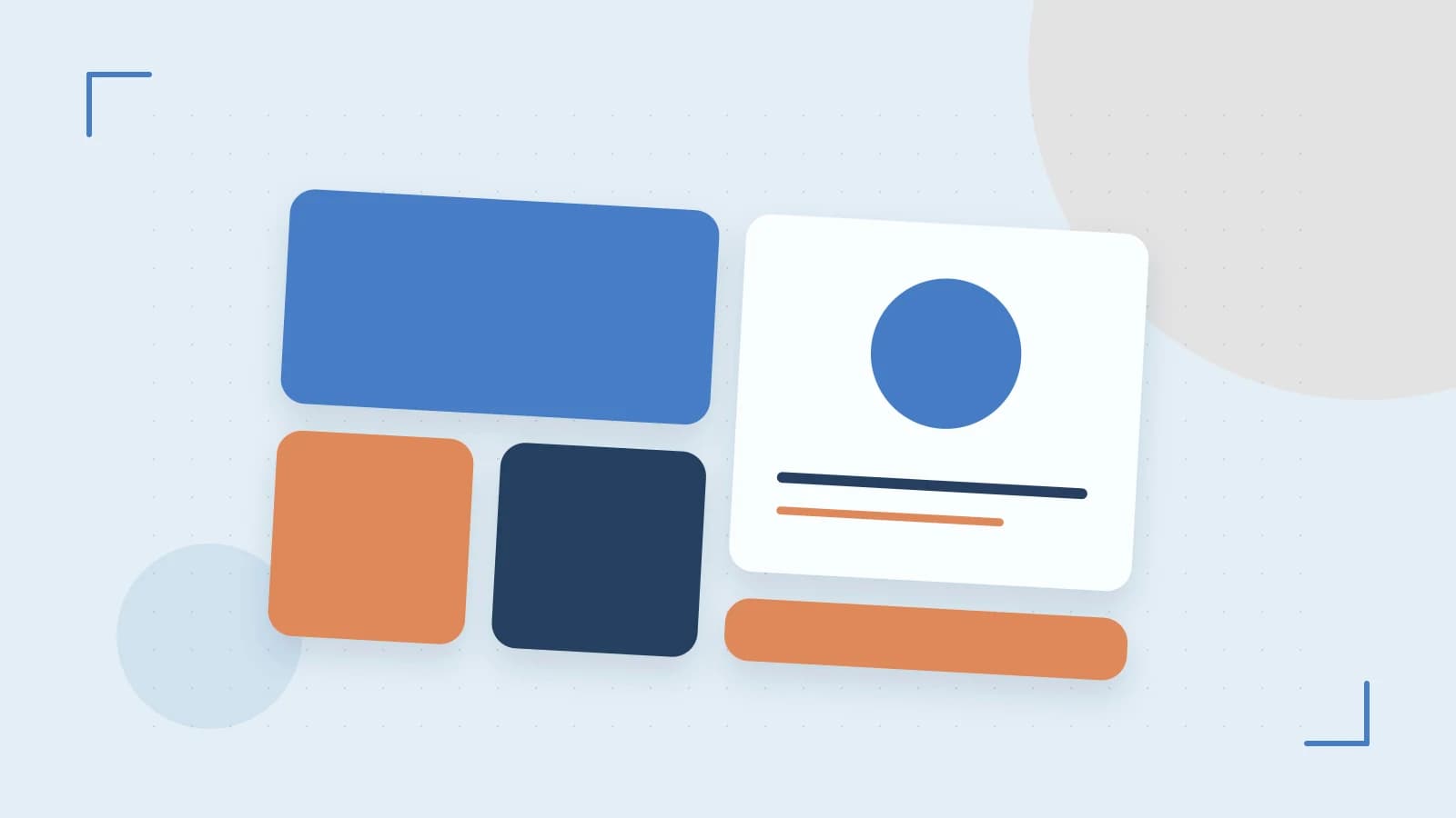 Editorial illustration of responsive browser layouts, overlapping design components and a color system