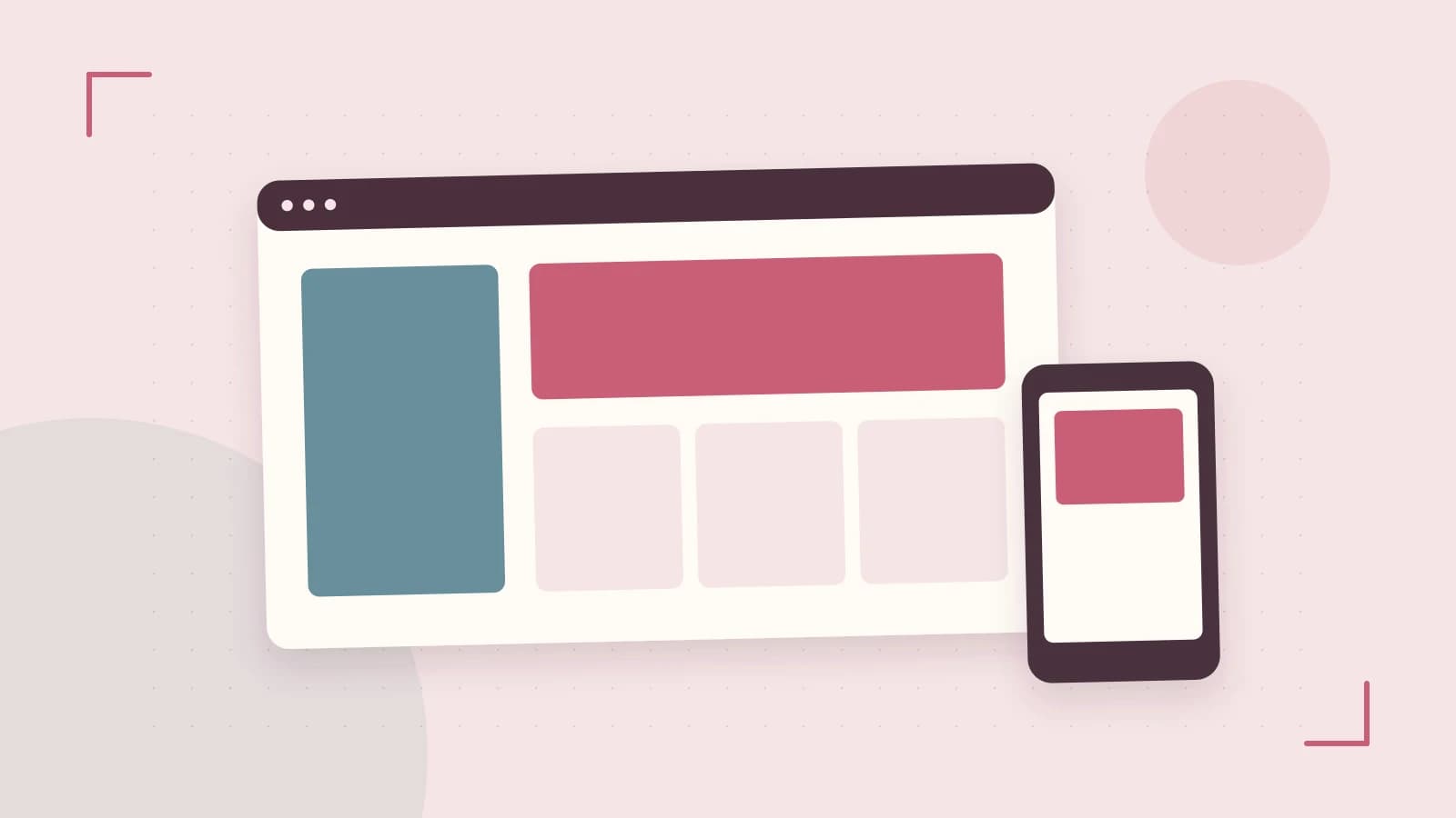 Editorial illustration of responsive browser layouts, overlapping design components and a color system