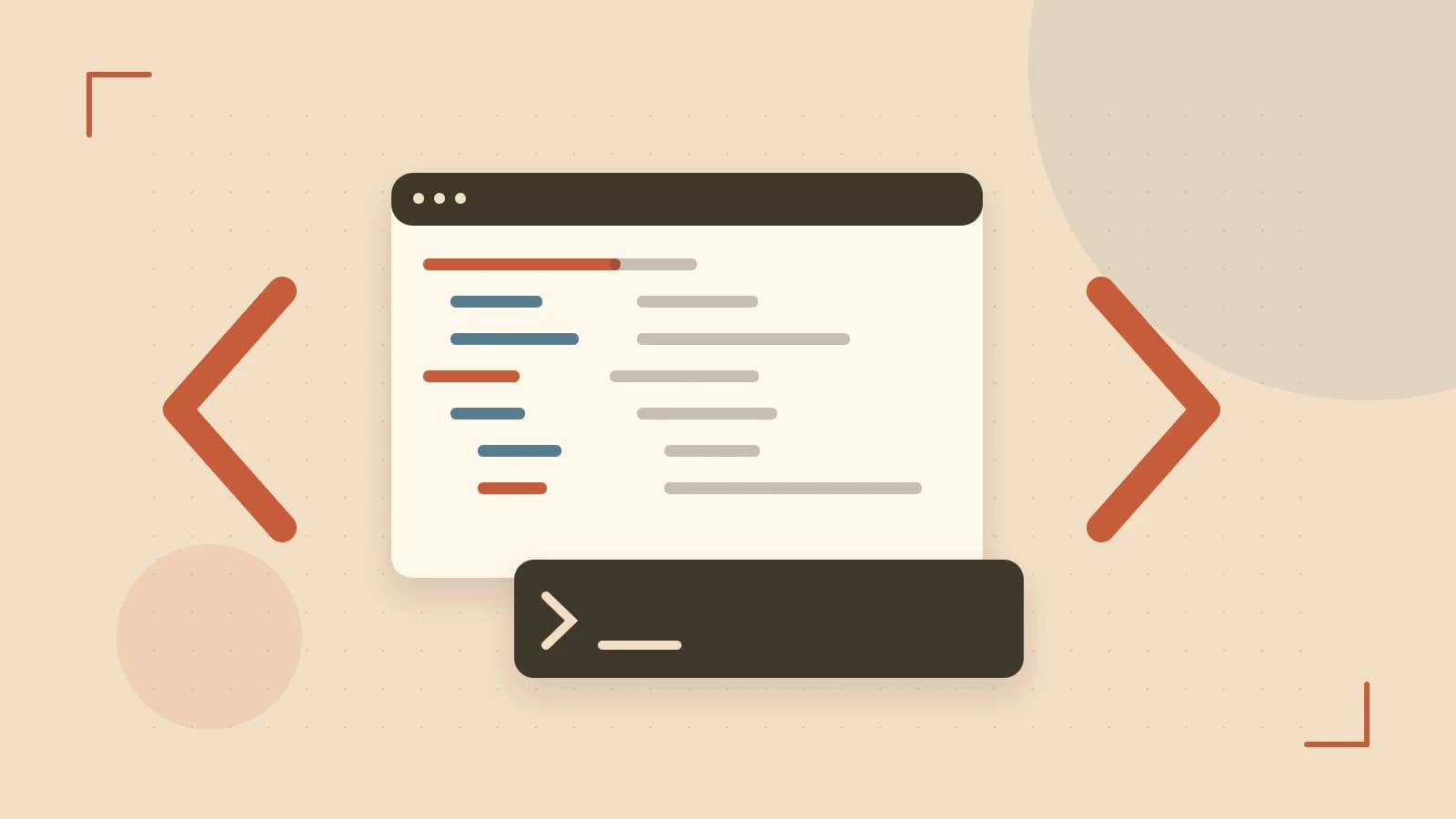 Editorial illustration of an abstract code editor, syntax blocks and oversized programming brackets