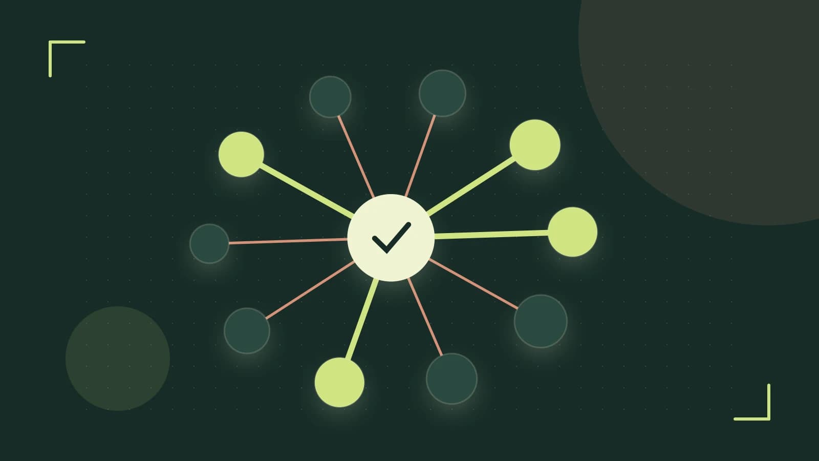 Editorial illustration of an algorithmic node graph with branching paths and a highlighted result