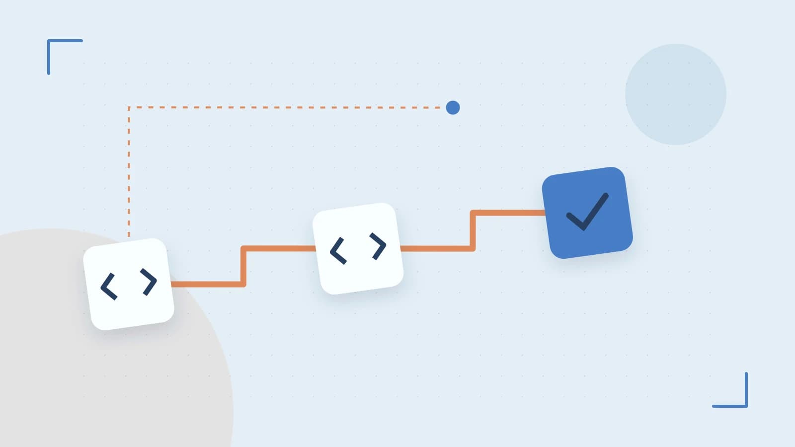 Editorial illustration of a branching build pipeline, staged transformations and a completed check