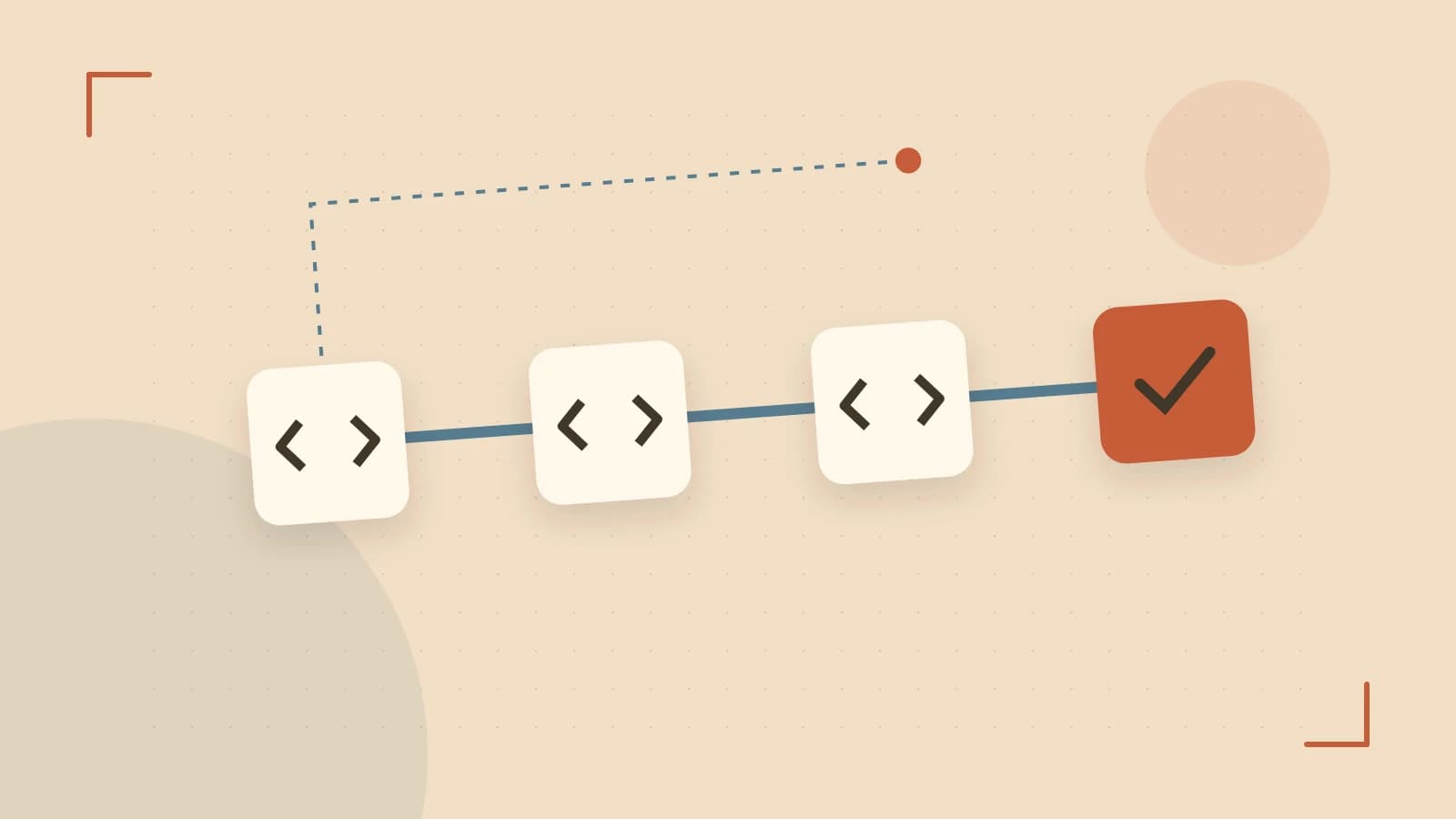 Editorial illustration of a branching build pipeline, staged transformations and a completed check