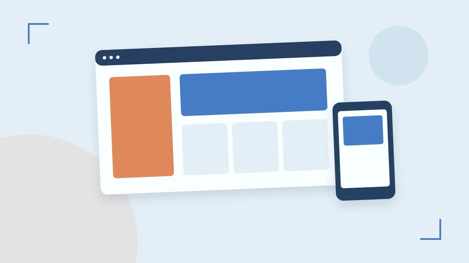 Editorial illustration of responsive browser layouts, overlapping design components and a color system