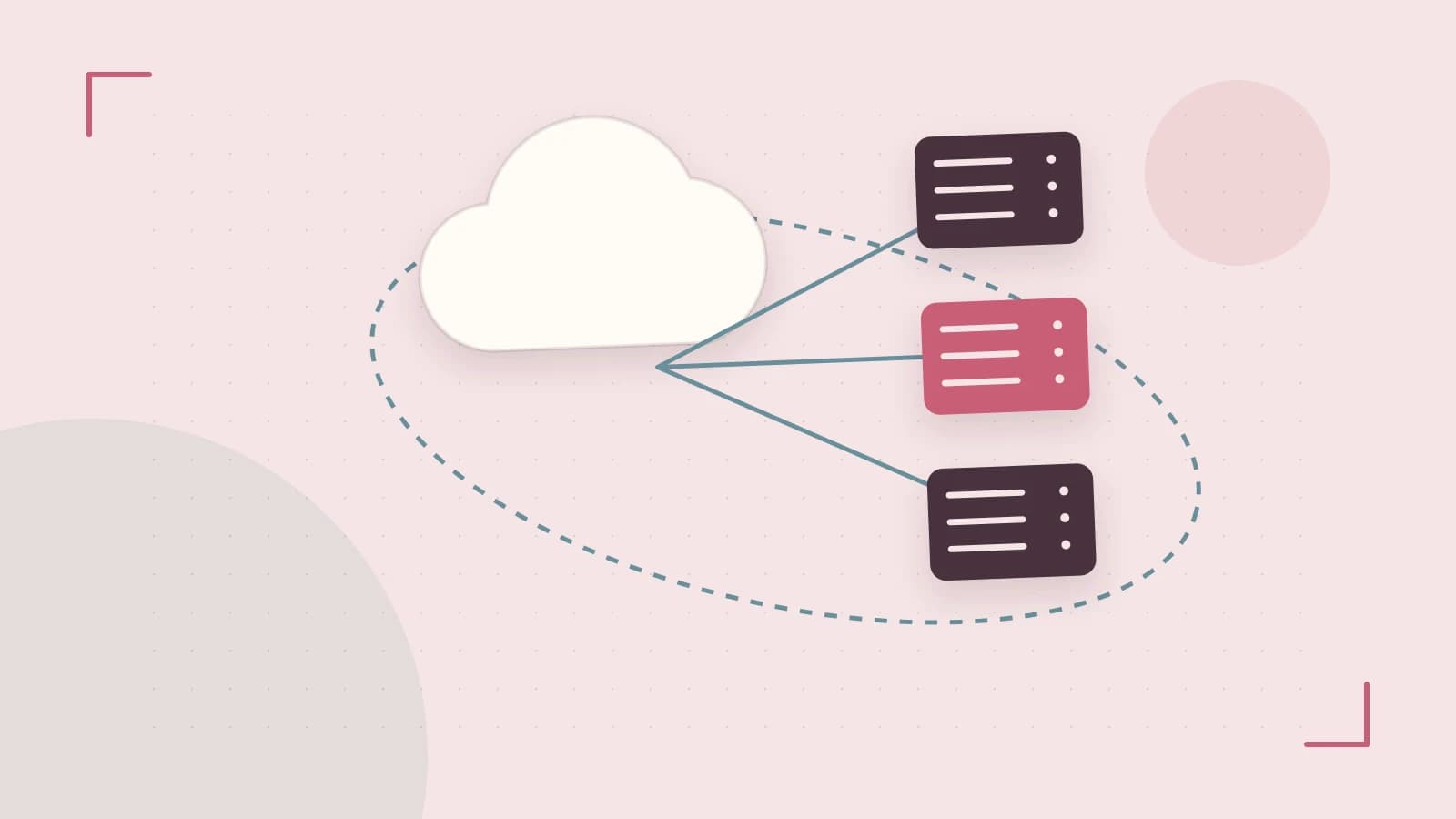 Editorial illustration of cloud infrastructure, connected server racks and an orbital service map