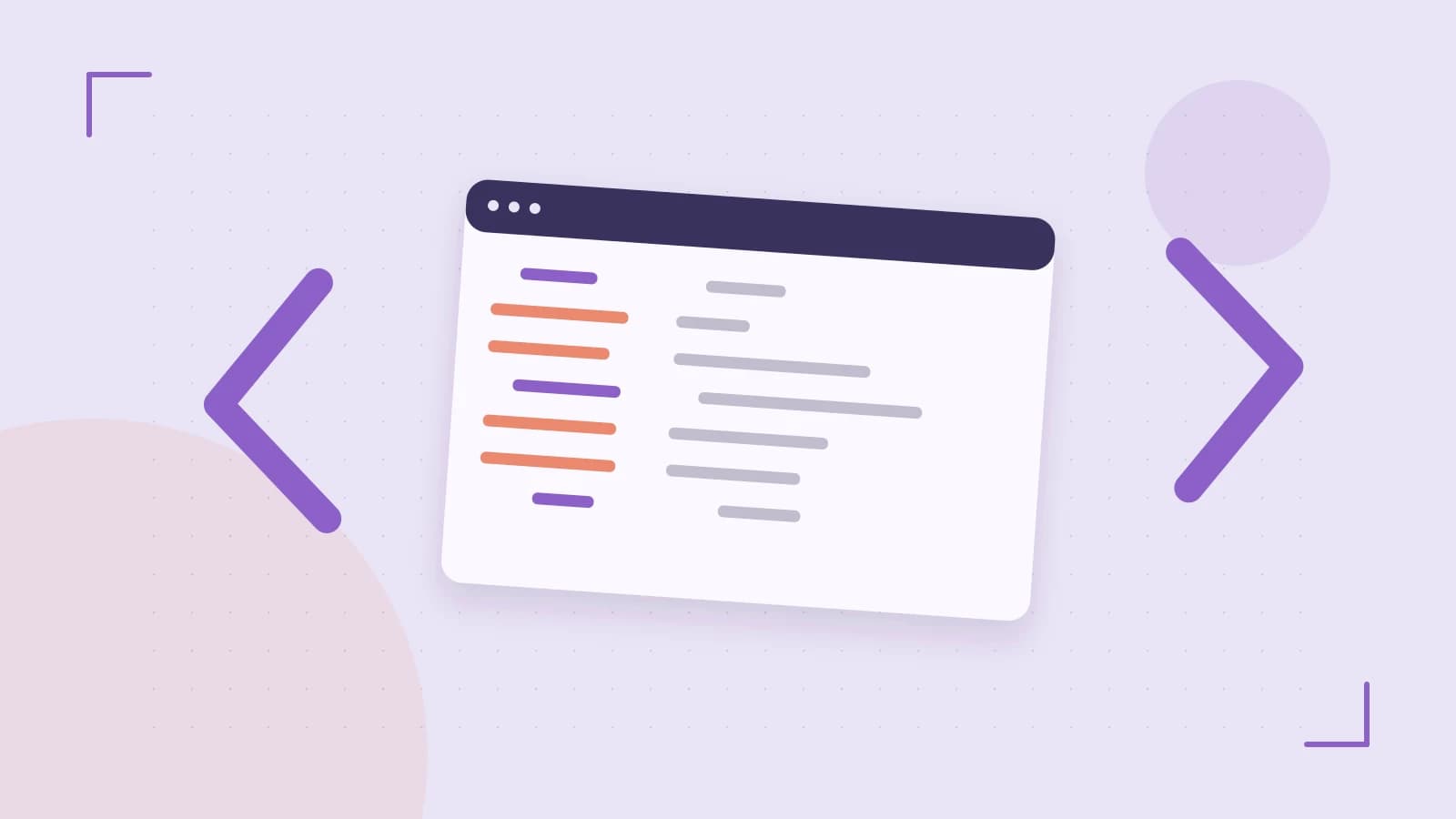 Editorial illustration of an abstract code editor, syntax blocks and oversized programming brackets