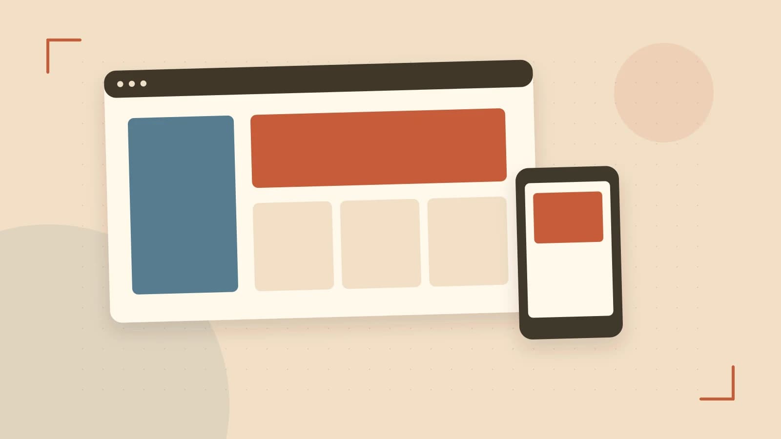 Editorial illustration of responsive browser layouts, overlapping design components and a color system