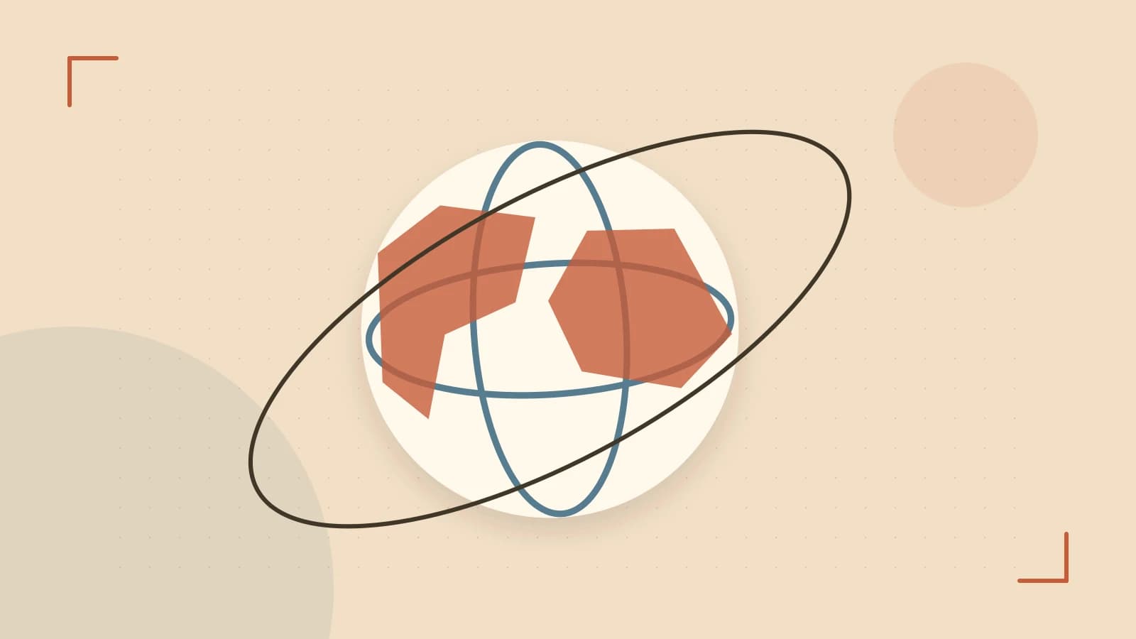 Editorial illustration of an editorial globe with meridians and layered geographic shapes