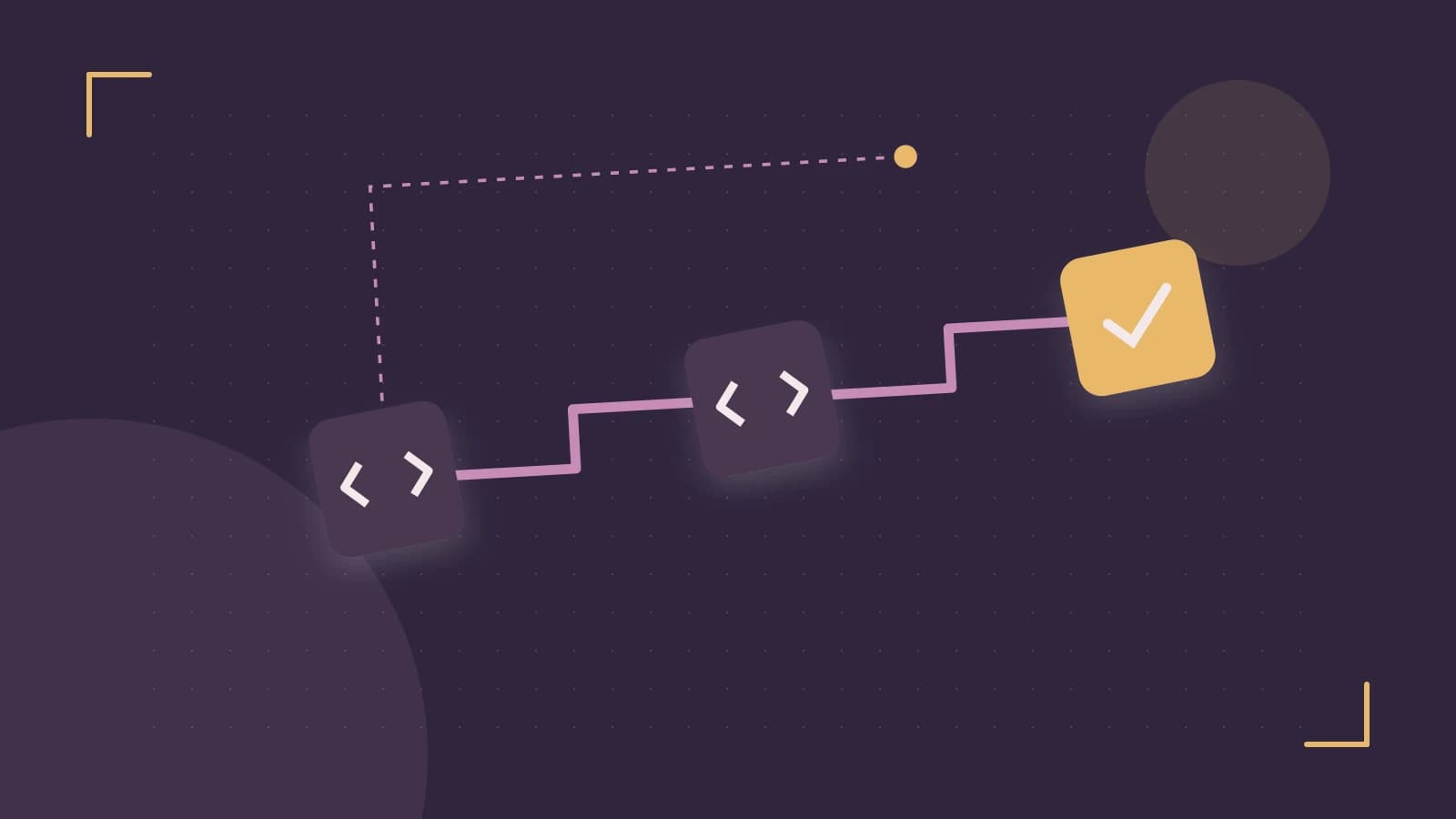 Editorial illustration of a branching build pipeline, staged transformations and a completed check