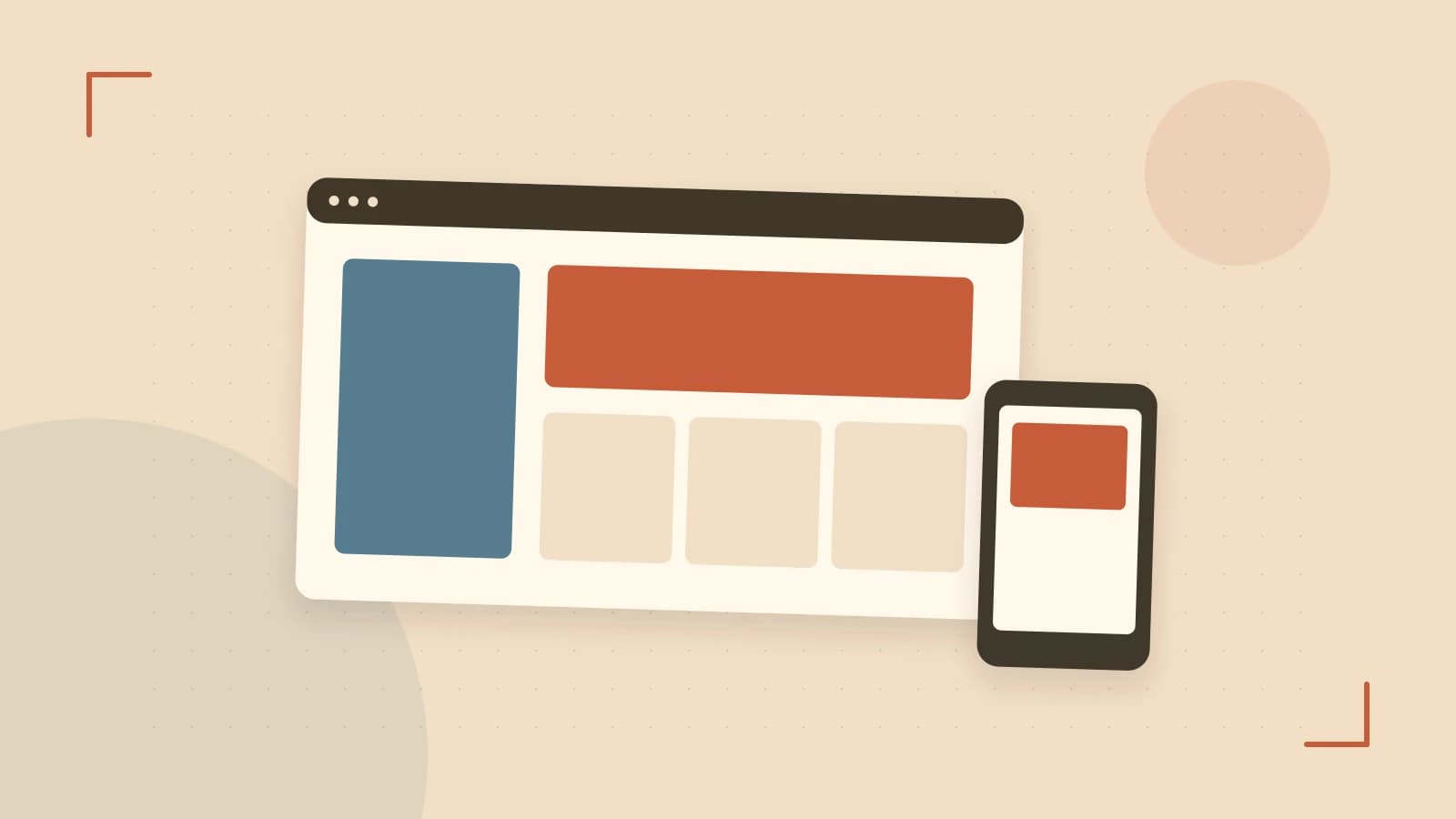 Editorial illustration of responsive browser layouts, overlapping design components and a color system