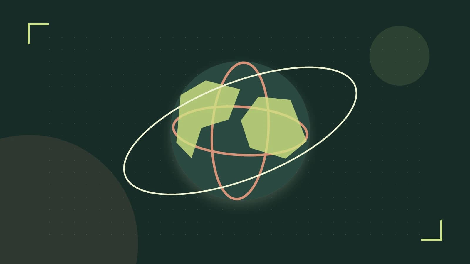 Editorial illustration of an editorial globe with meridians and layered geographic shapes