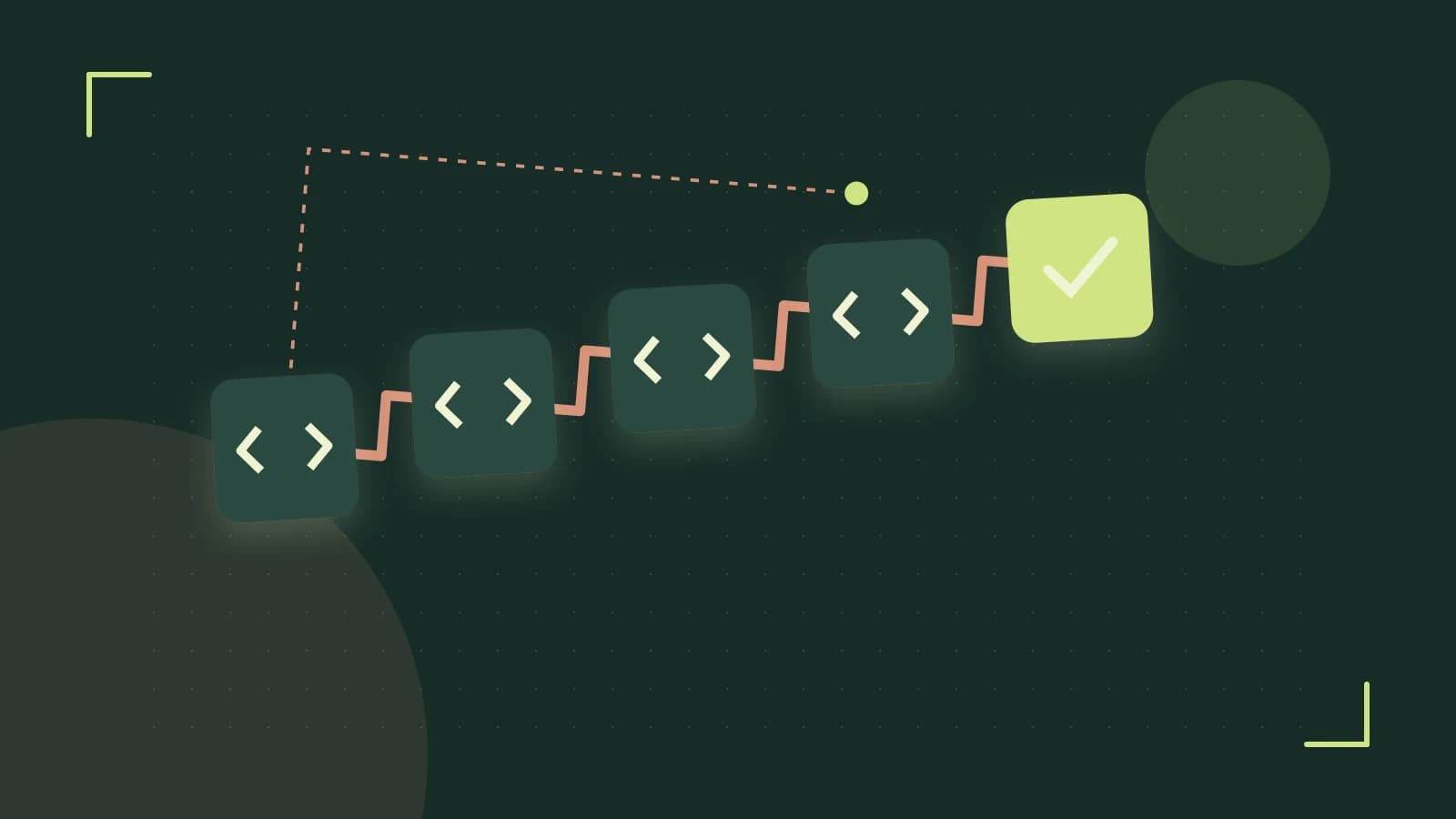 Editorial illustration of a branching build pipeline, staged transformations and a completed check