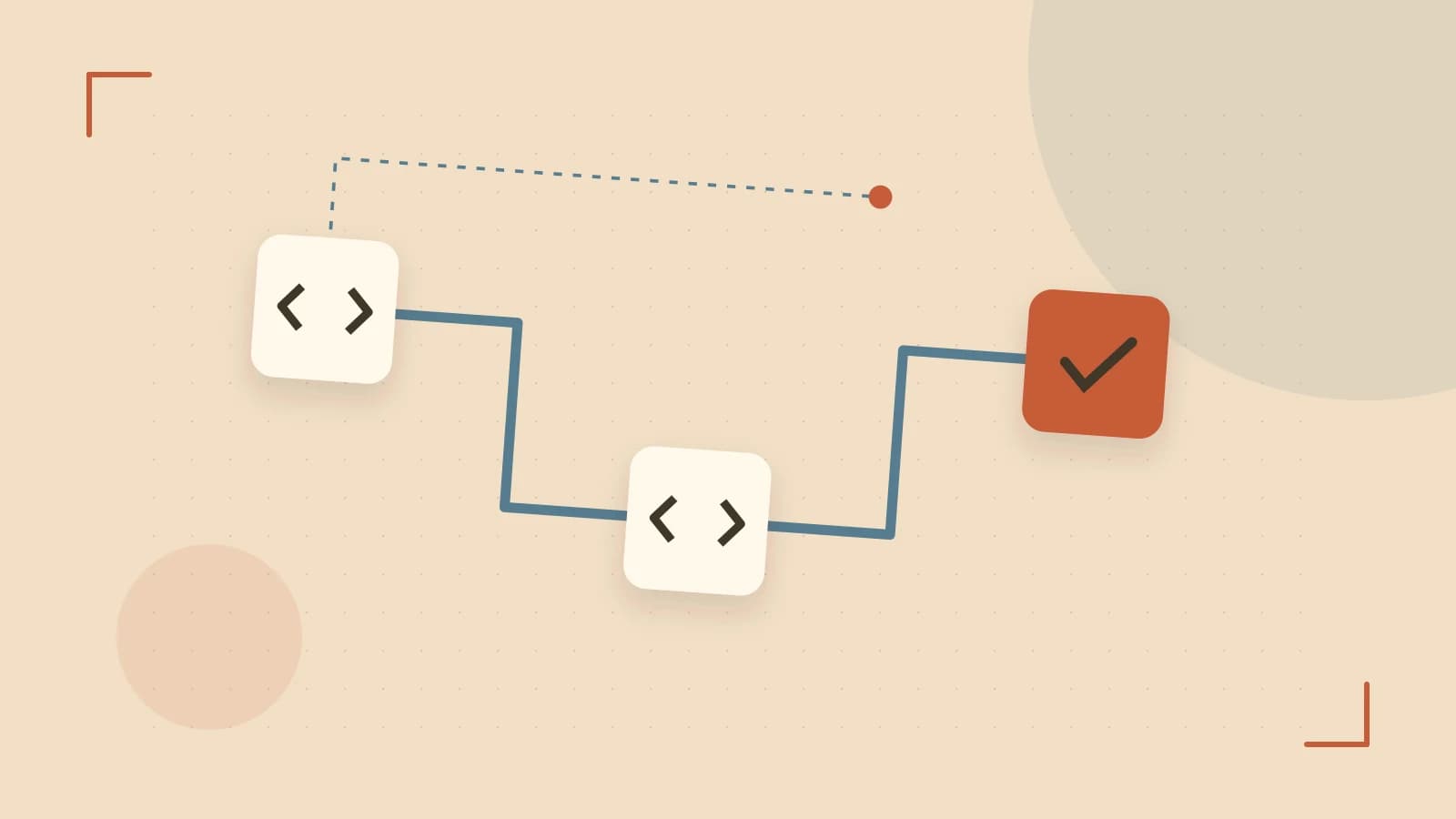 Editorial illustration of a branching build pipeline, staged transformations and a completed check