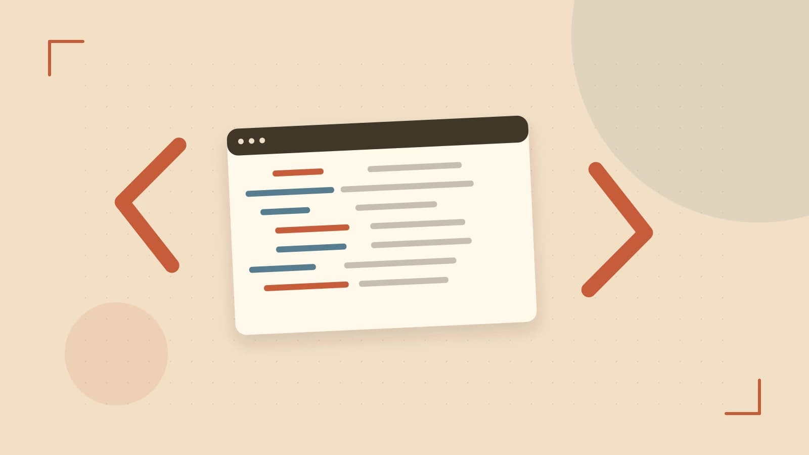 Editorial illustration of an abstract code editor, syntax blocks and oversized programming brackets