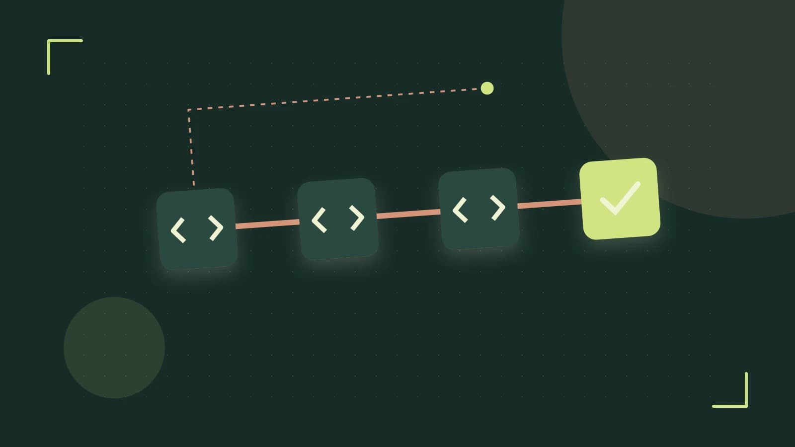 Editorial illustration of a branching build pipeline, staged transformations and a completed check
