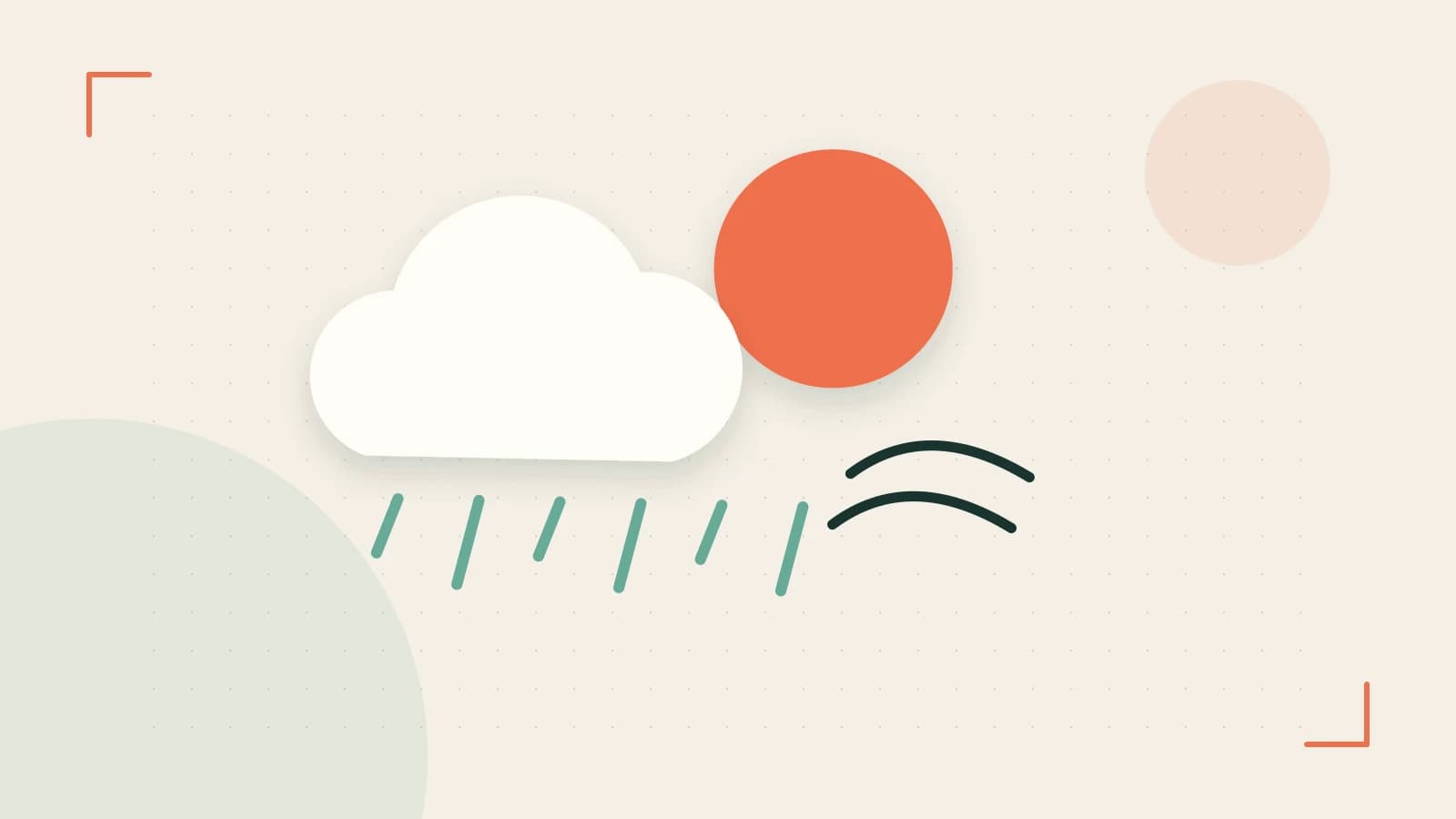 Editorial illustration of a sun, layered clouds, raindrops and flowing weather patterns