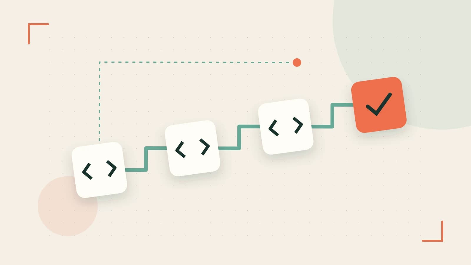 Editorial illustration of a branching build pipeline, staged transformations and a completed check