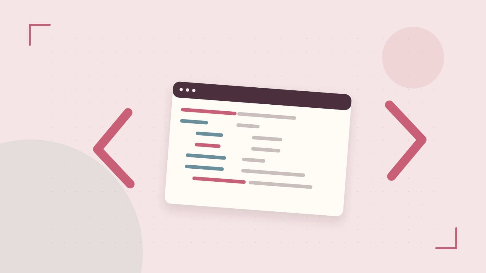 Editorial illustration of an abstract code editor, syntax blocks and oversized programming brackets