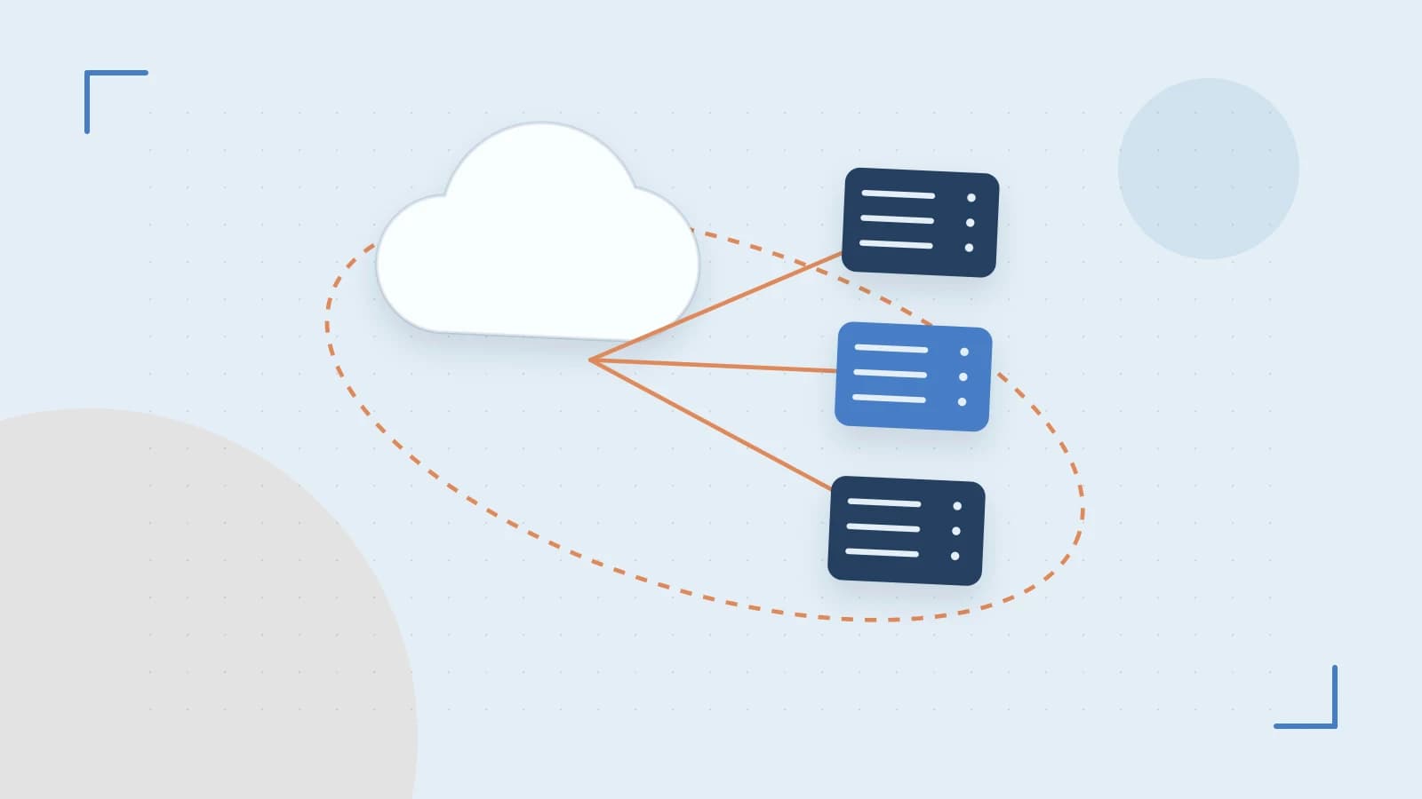 Editorial illustration of cloud infrastructure, connected server racks and an orbital service map
