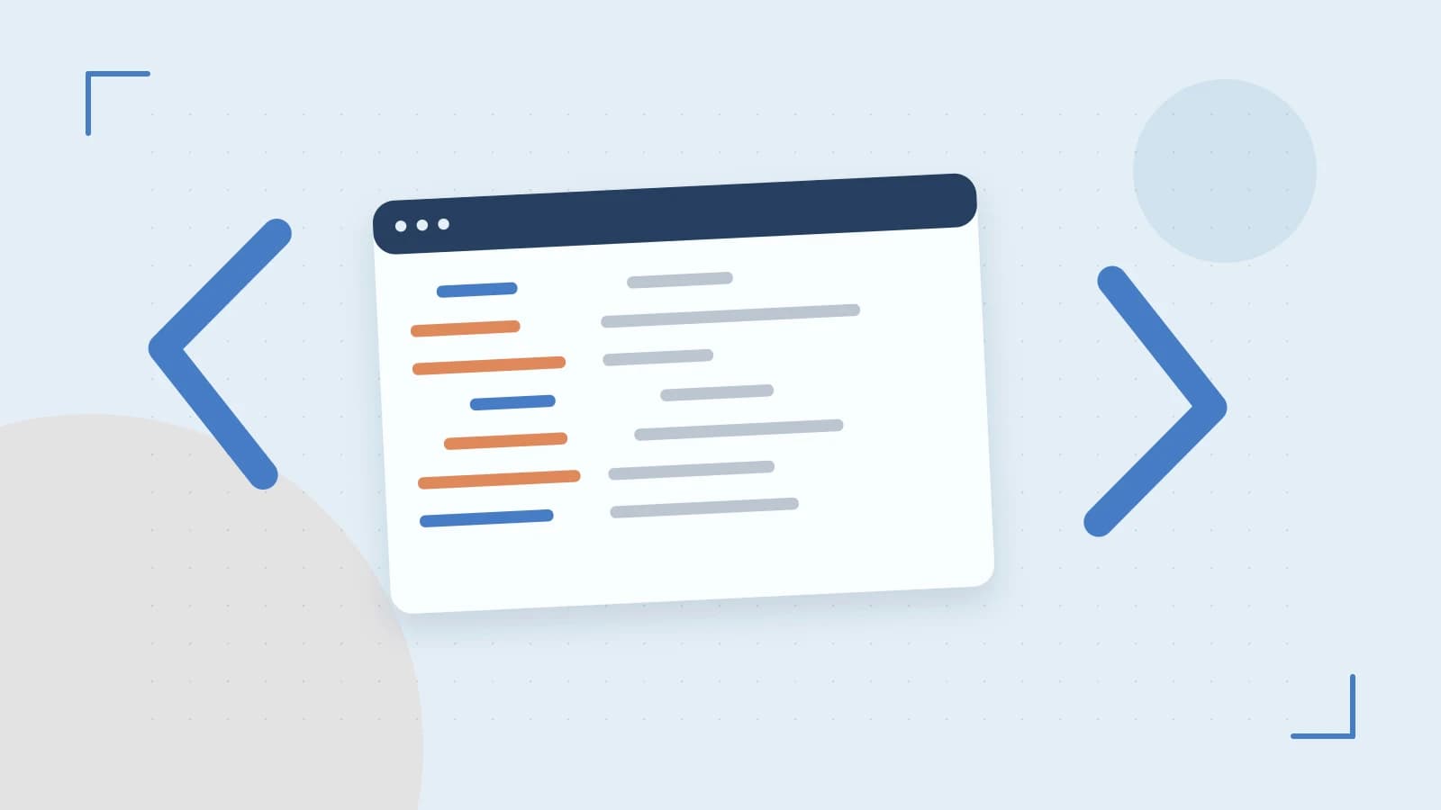 Editorial illustration of an abstract code editor, syntax blocks and oversized programming brackets