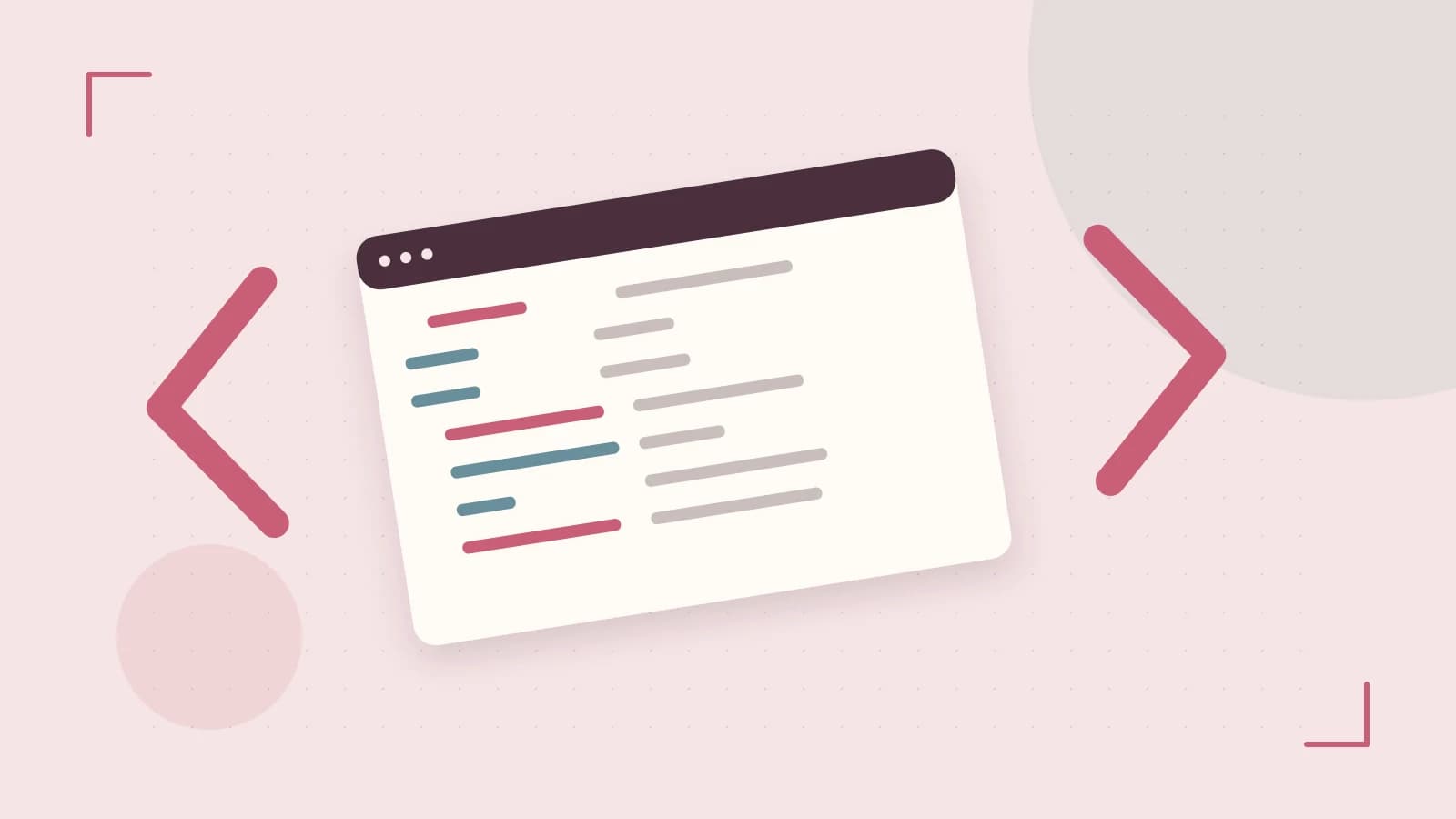 Editorial illustration of an abstract code editor, syntax blocks and oversized programming brackets