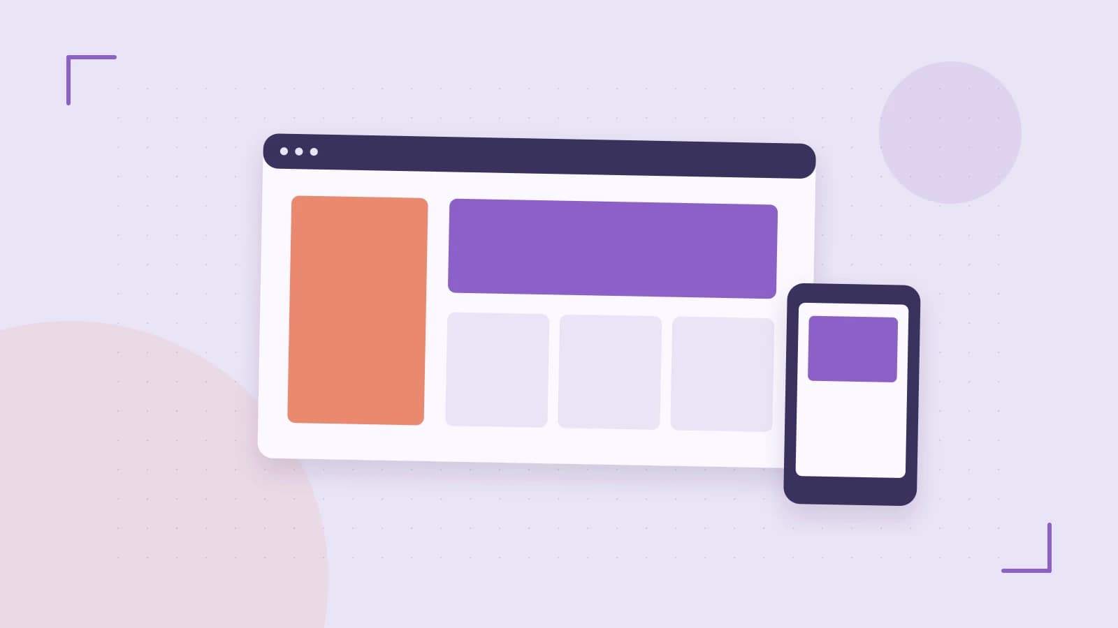 Editorial illustration of responsive browser layouts, overlapping design components and a color system