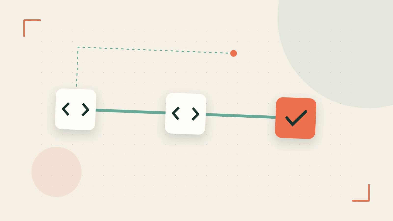 Editorial illustration of a branching build pipeline, staged transformations and a completed check