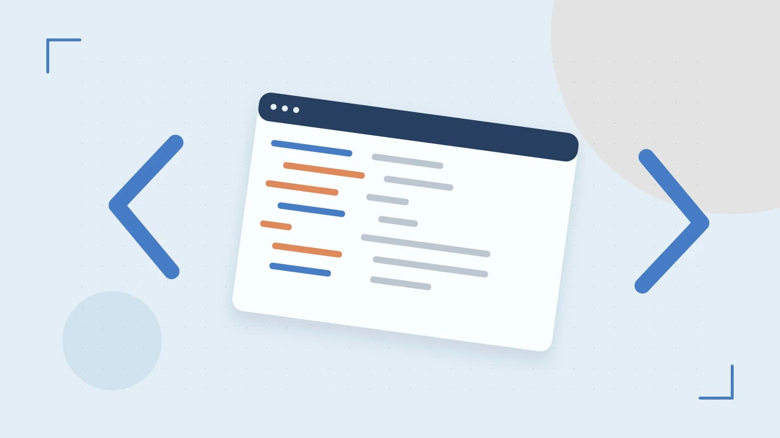 Editorial illustration of an abstract code editor, syntax blocks and oversized programming brackets