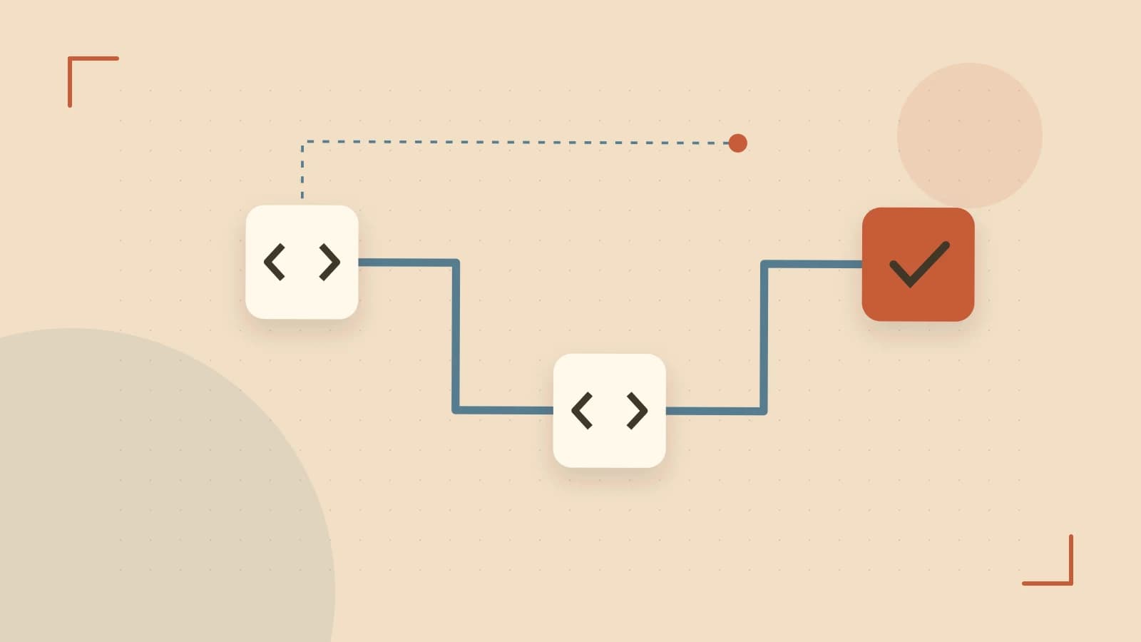 Editorial illustration of a branching build pipeline, staged transformations and a completed check