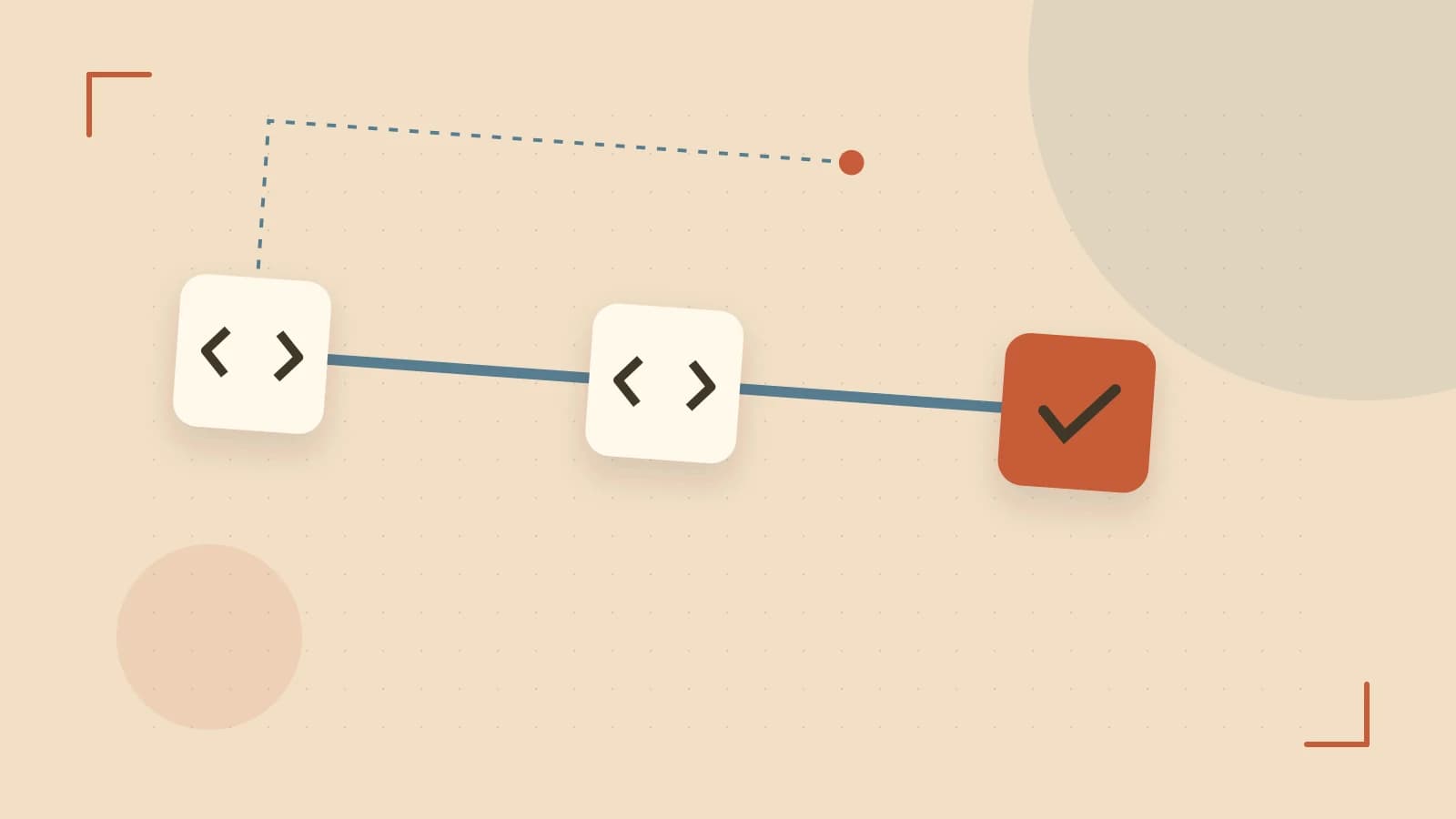 Editorial illustration of a branching build pipeline, staged transformations and a completed check