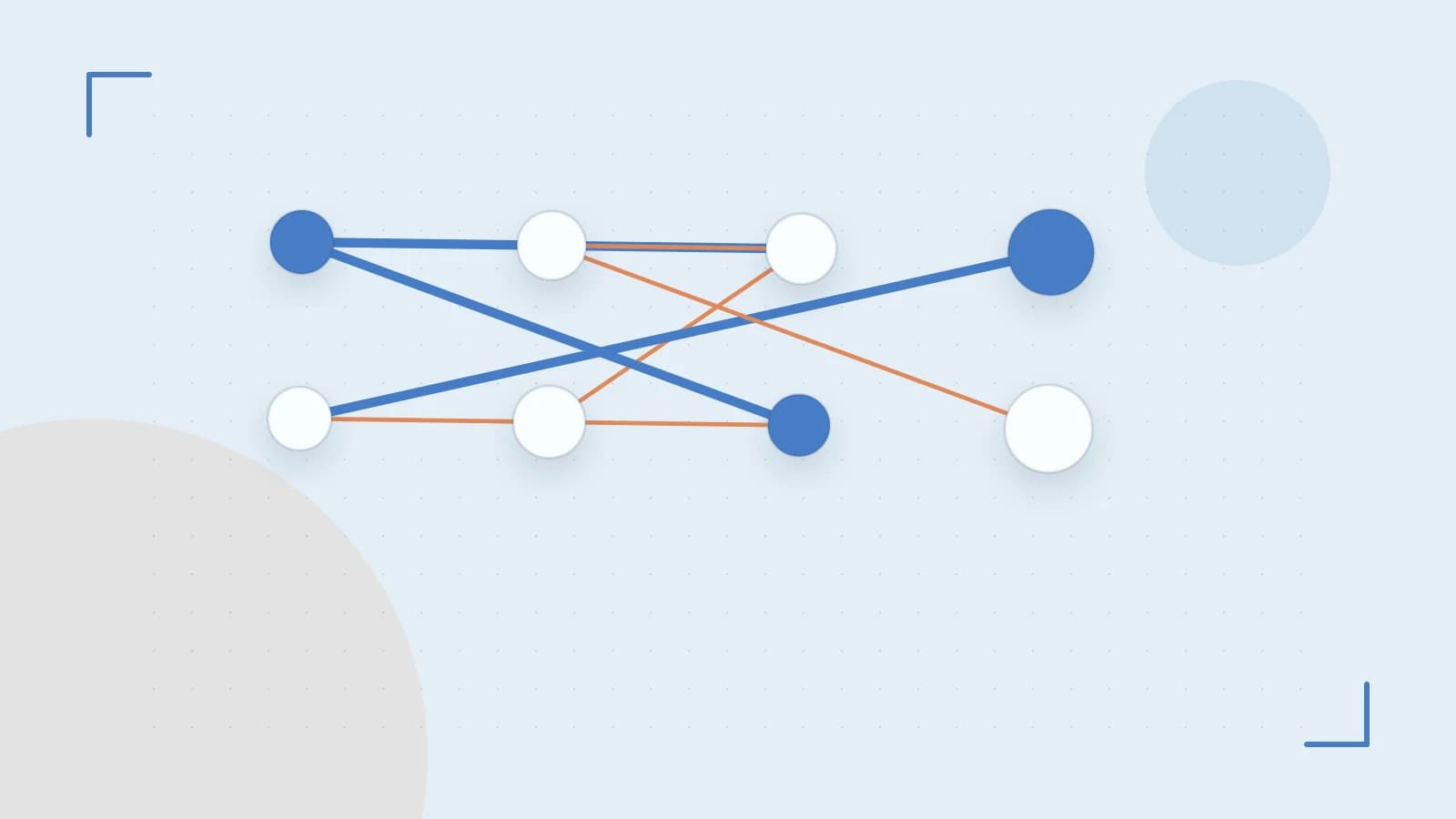Editorial illustration of an algorithmic node graph with branching paths and a highlighted result