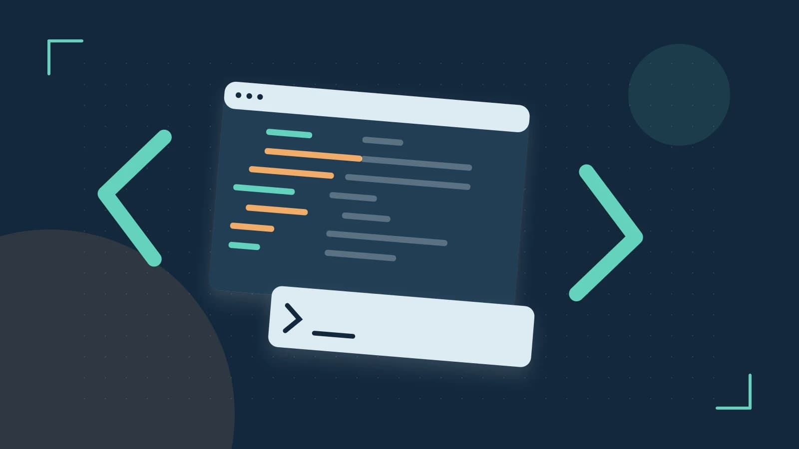 Editorial illustration of an abstract code editor, syntax blocks and oversized programming brackets