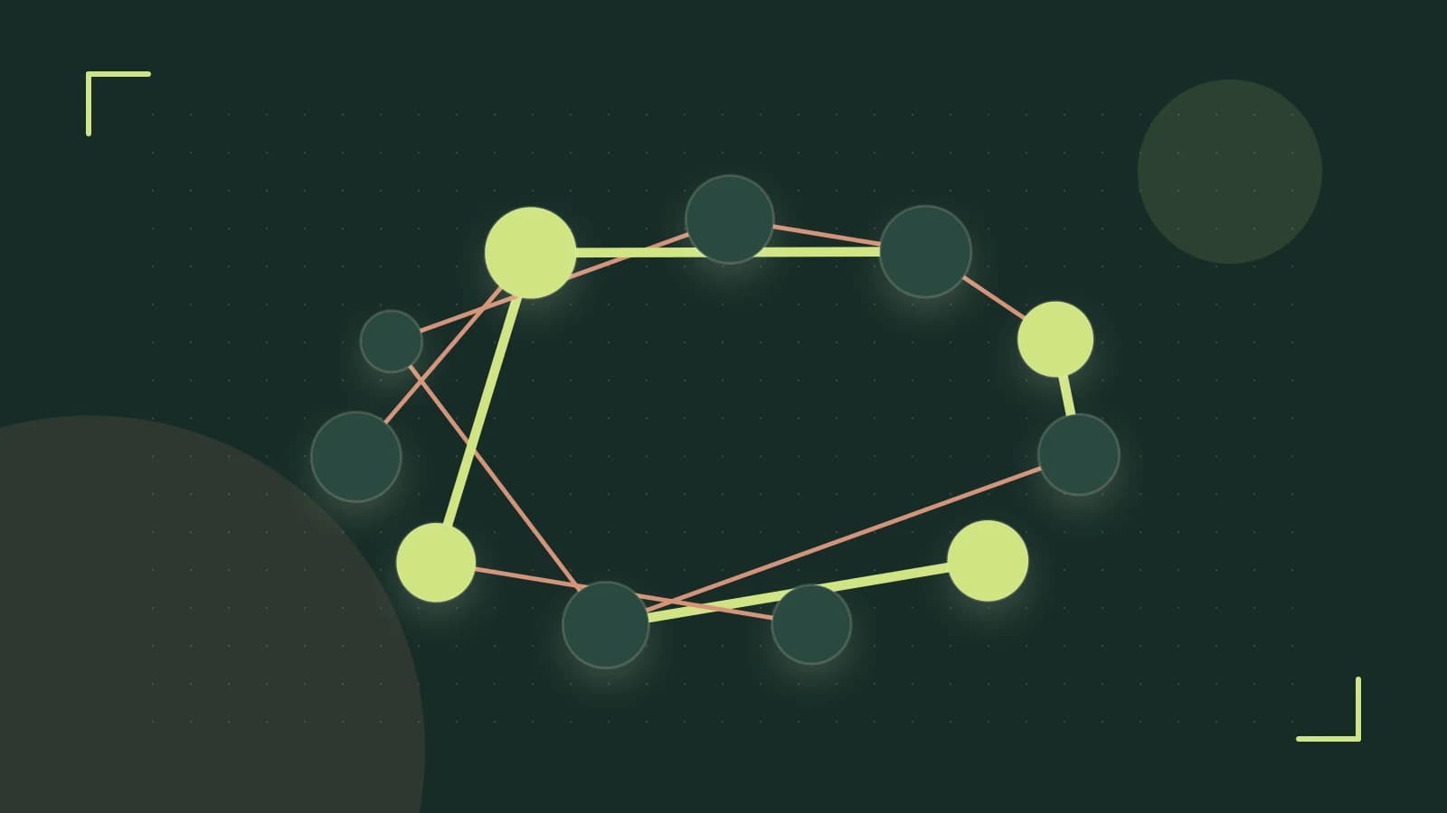 Editorial illustration of an algorithmic node graph with branching paths and a highlighted result