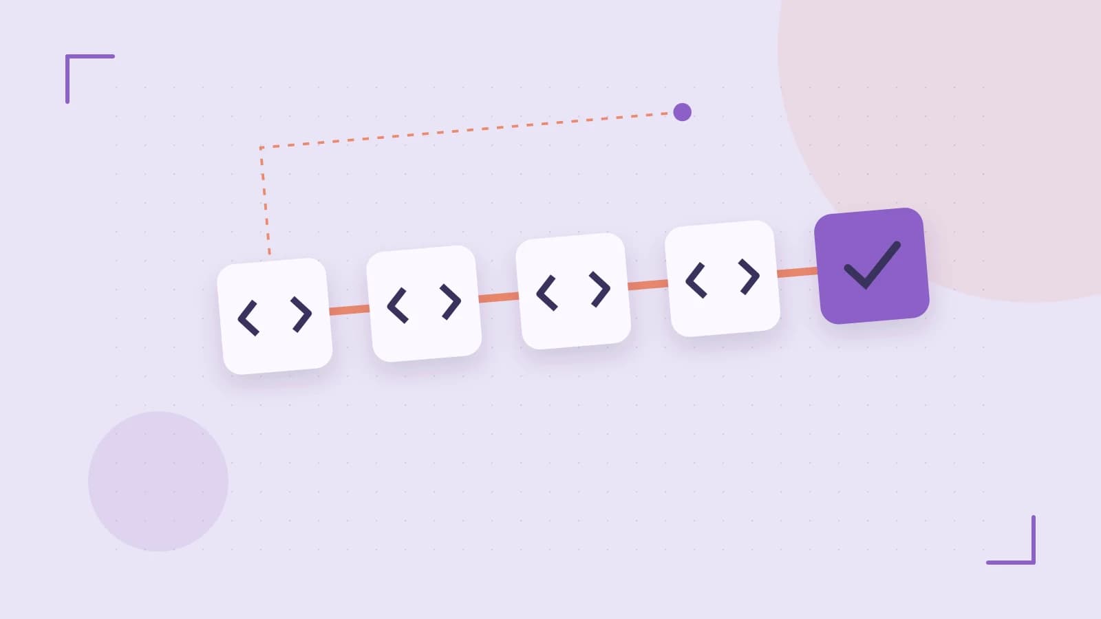 Editorial illustration of a branching build pipeline, staged transformations and a completed check