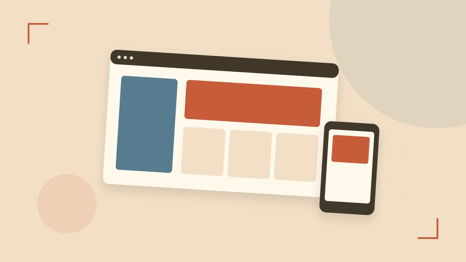 Editorial illustration of responsive browser layouts, overlapping design components and a color system