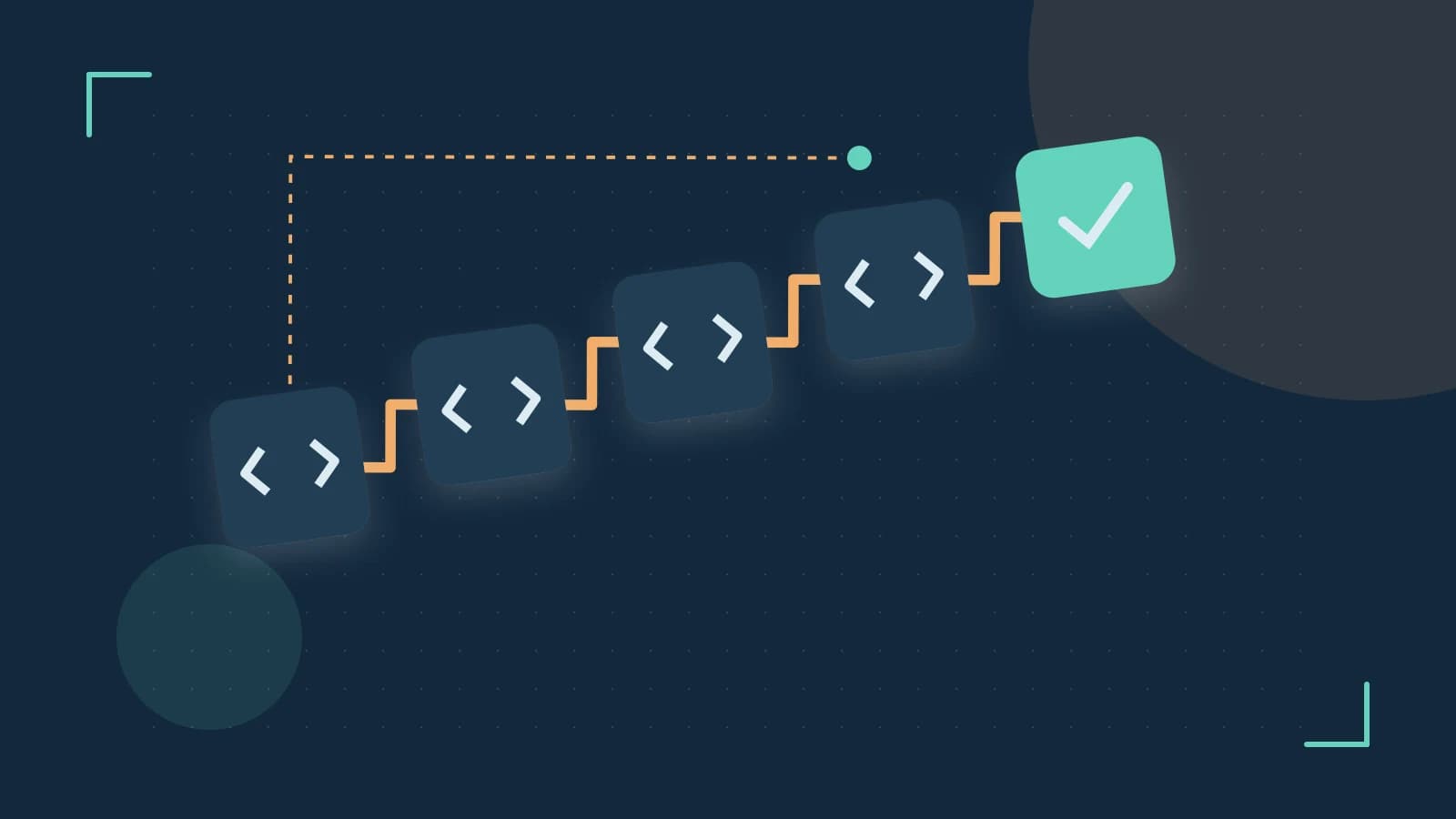 Editorial illustration of a branching build pipeline, staged transformations and a completed check
